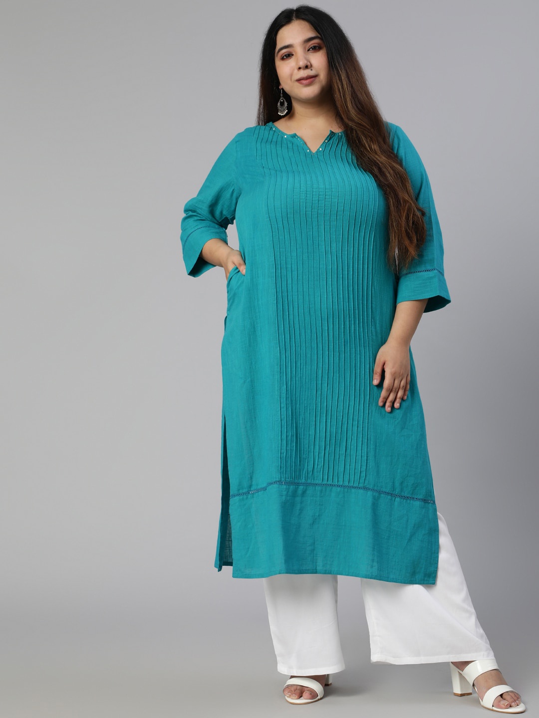 

Jaipur Kurti Women Teal Striped Pure Cotton Kurti with Palazzos