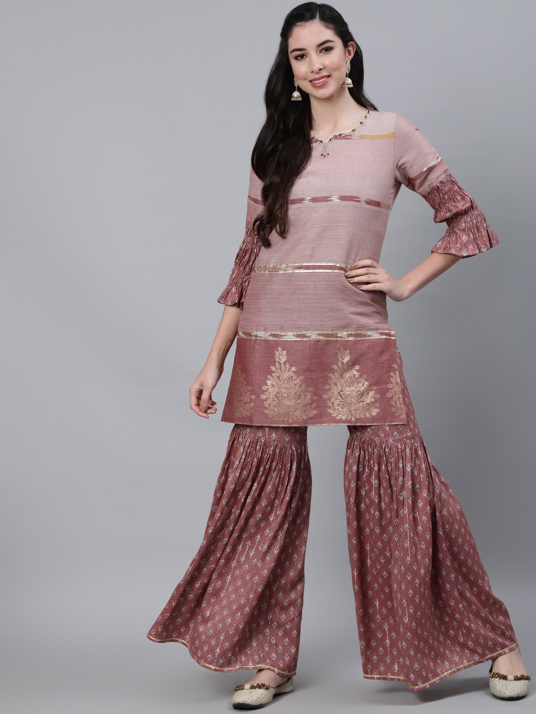

Jaipur Kurti Women Mauve Printed Beads and Stones Kurti with Sharara