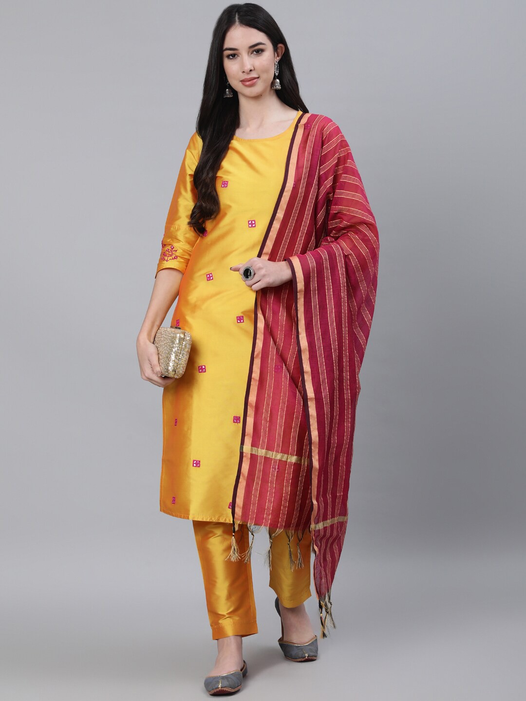 

Jaipur Kurti Women Yellow Mirror Work Kurta with Trousers & With Dupatta