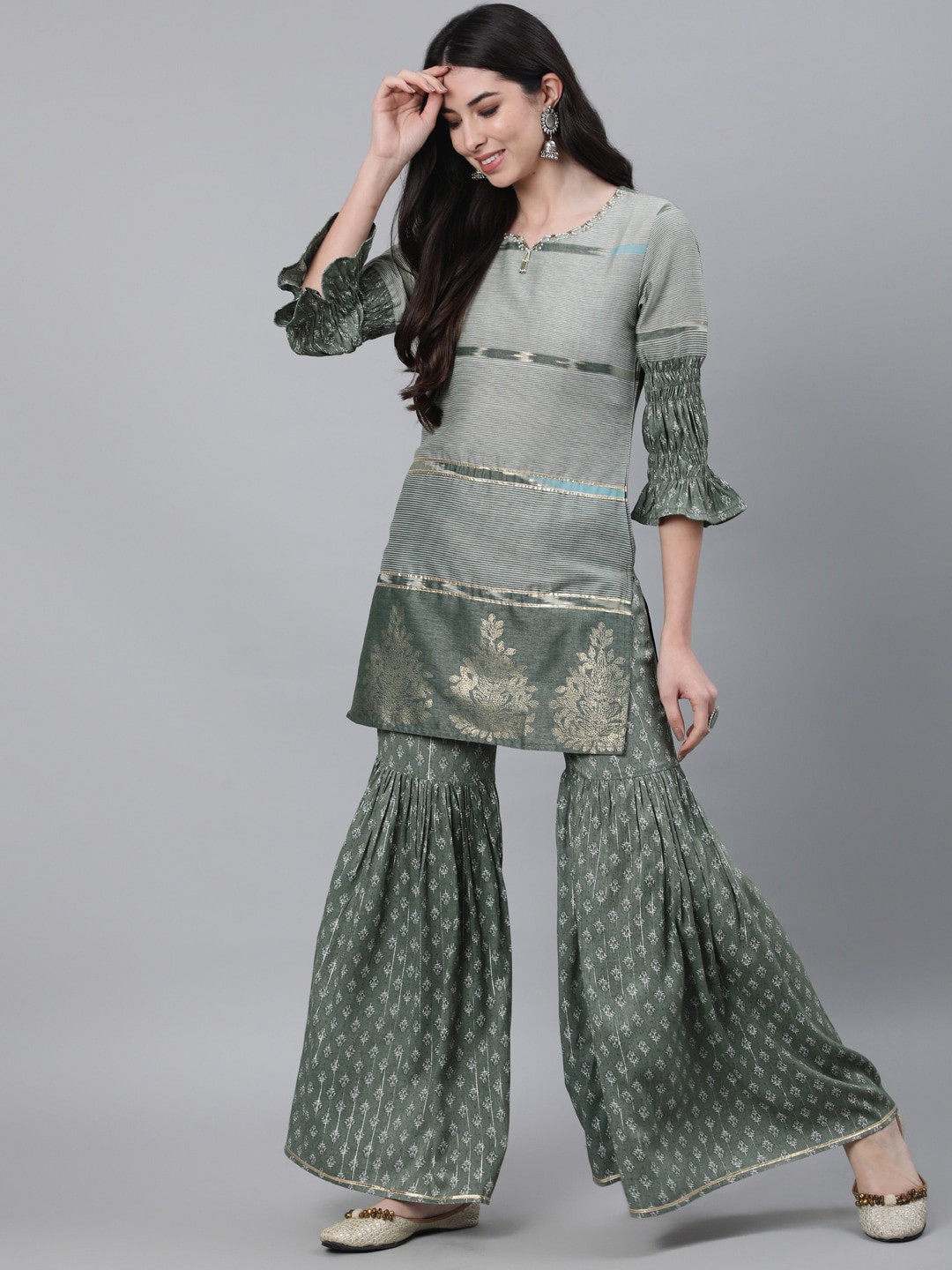 

Jaipur Kurti Women Olive Green Ethnic Motifs Printed Kurti with Sharara