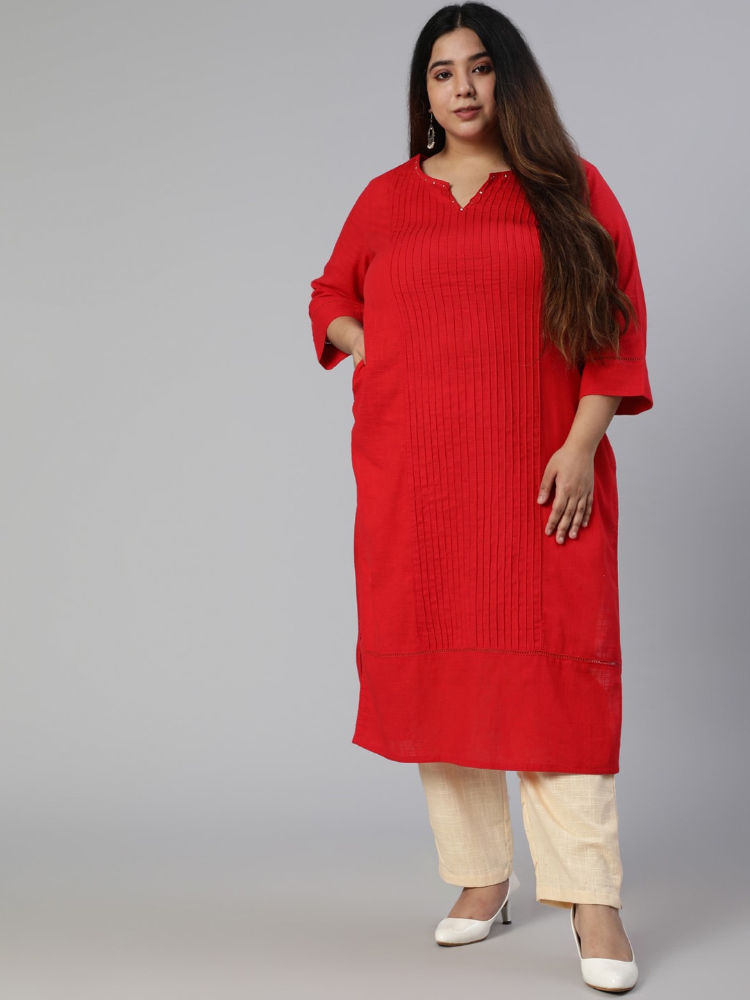 

Jaipur Kurti Women Red Panelled Pure Cotton Kurta with Trousers