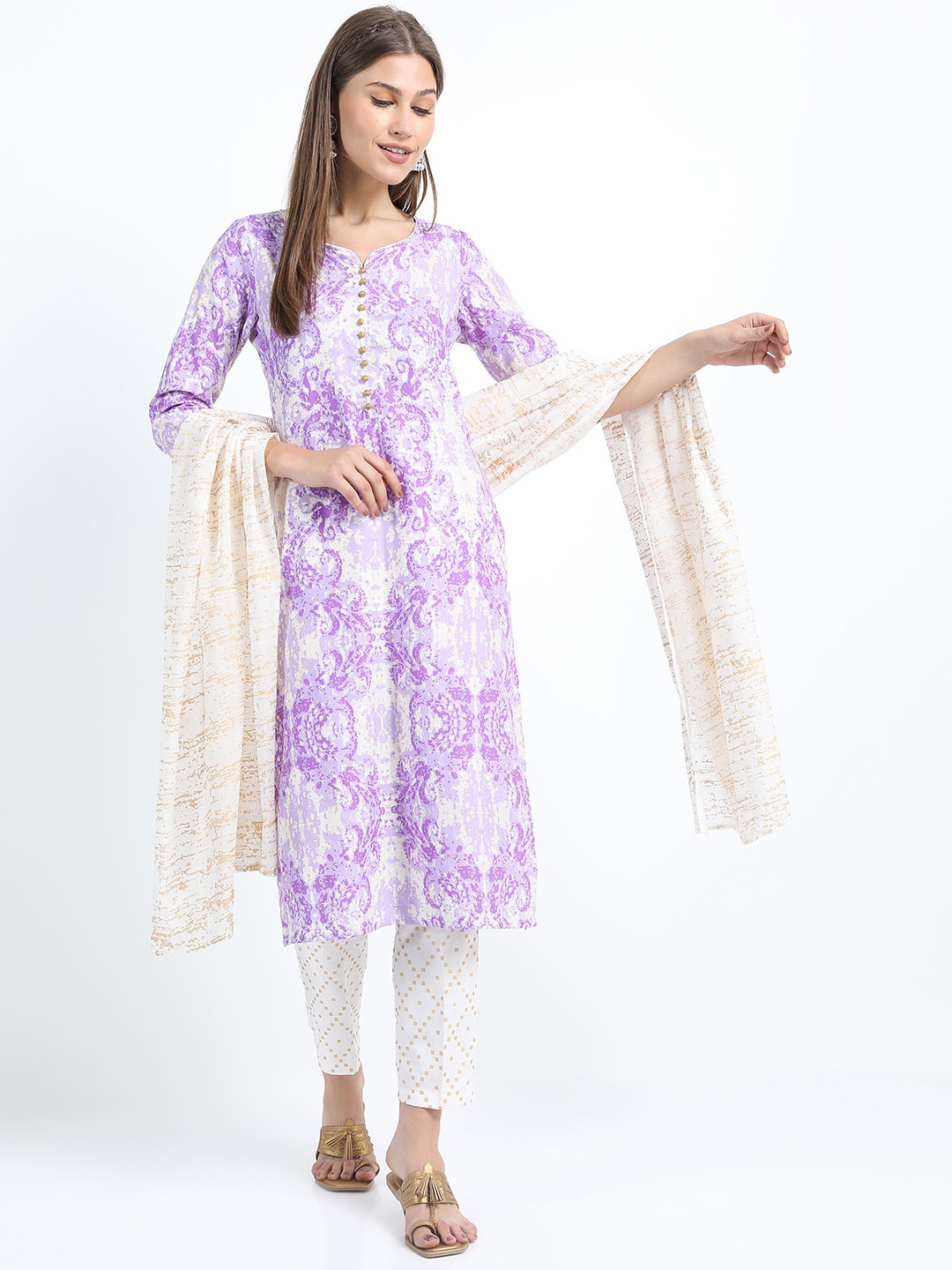 

Vishudh Women Mauve Printed Straight Kurta with Trousers & With Dupatta