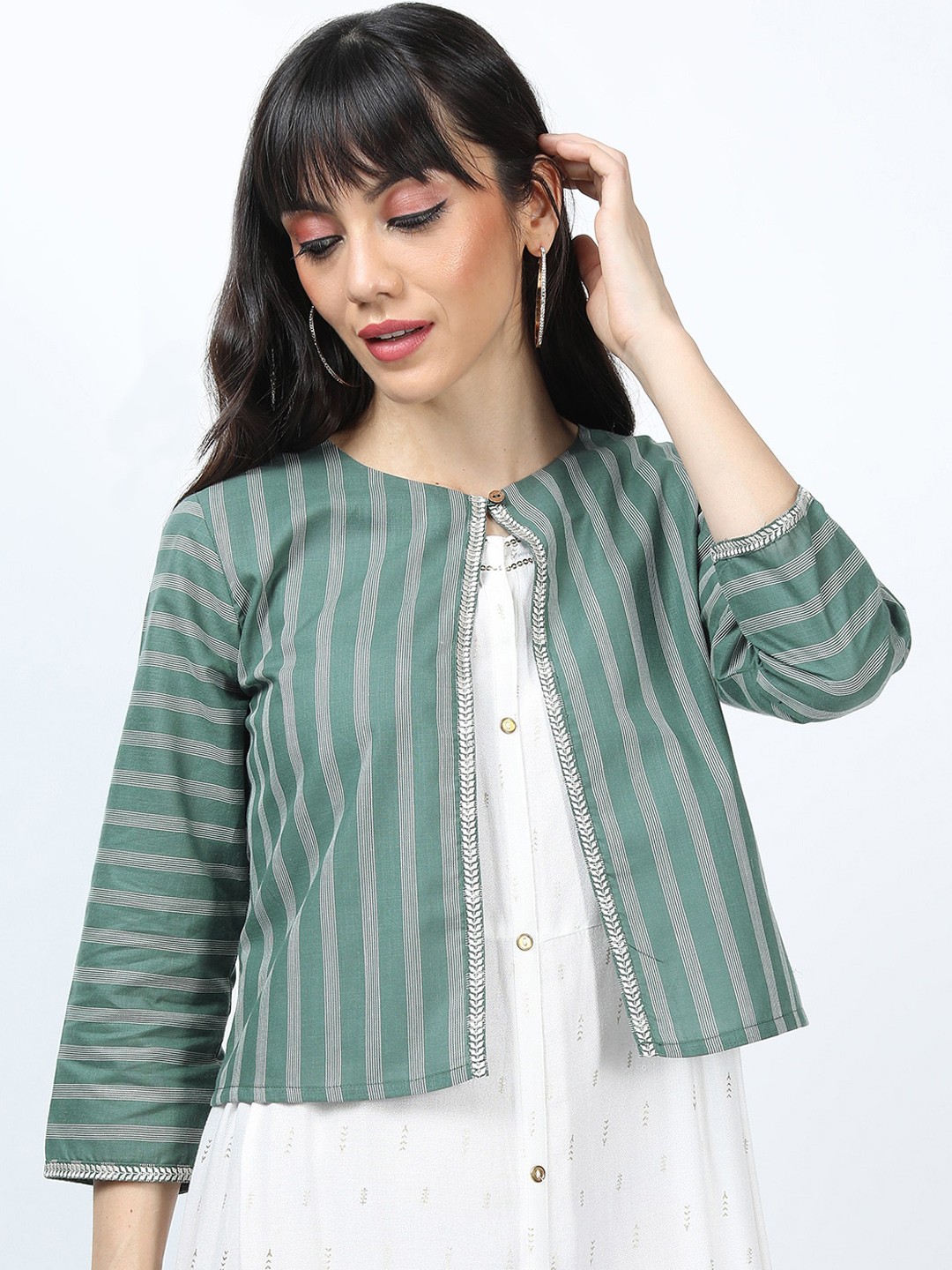 

Vishudh Women Olive Green Striped Jacket