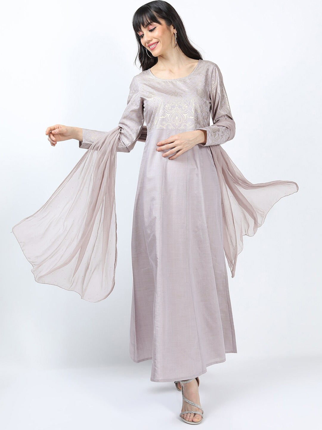 

Vishudh Grey Ethnic Motifs Printed Maxi Dress With Dupatta