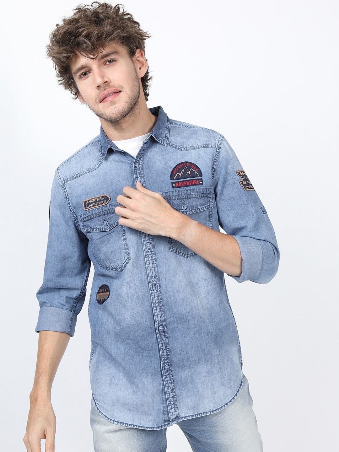 

LOCOMOTIVE Men Blue Slim Fit Faded Denim Casual Shirt