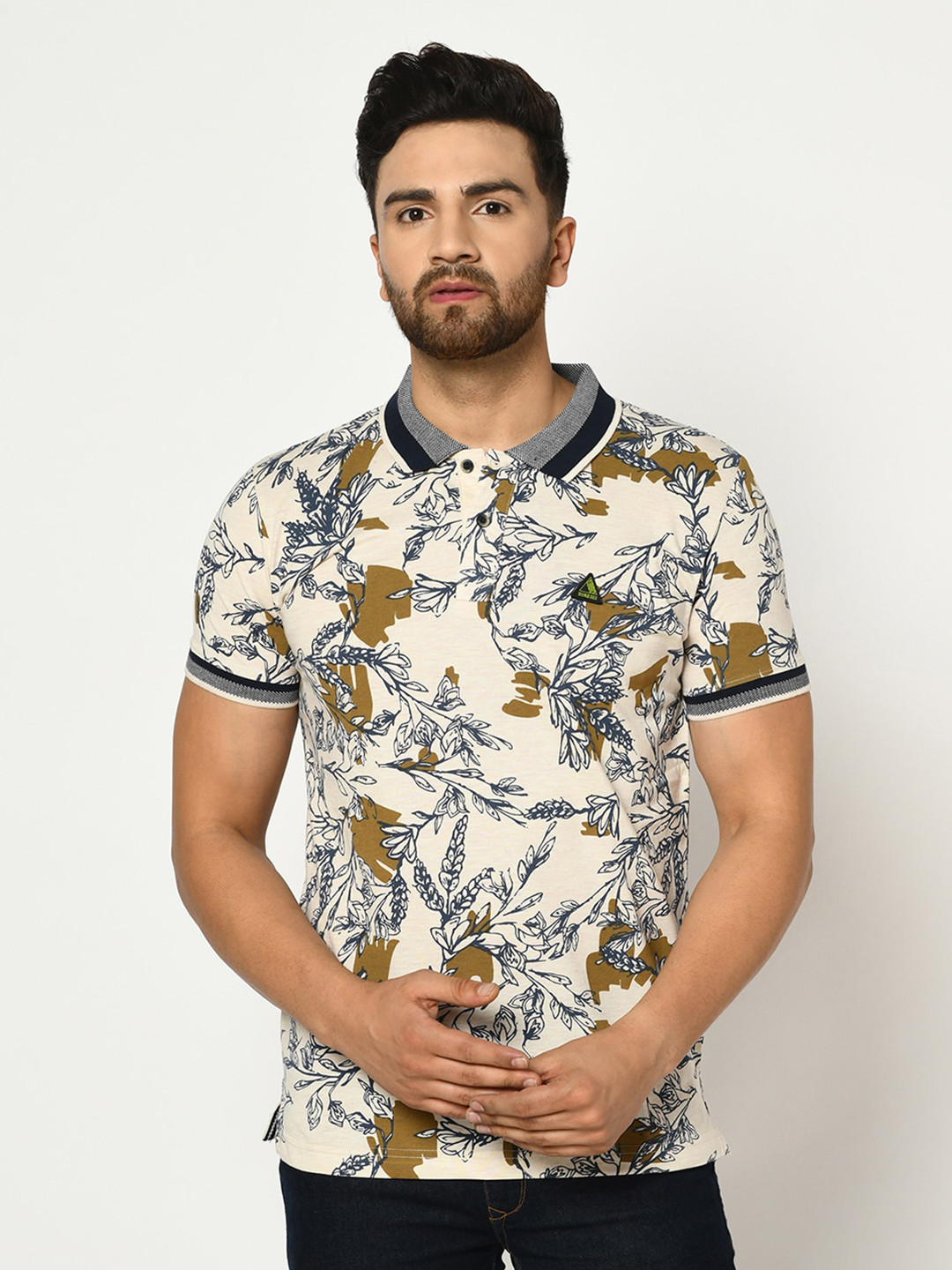 

Duke Men White Floral Printed Polo Collar Tropical Slim Fit T-shirt