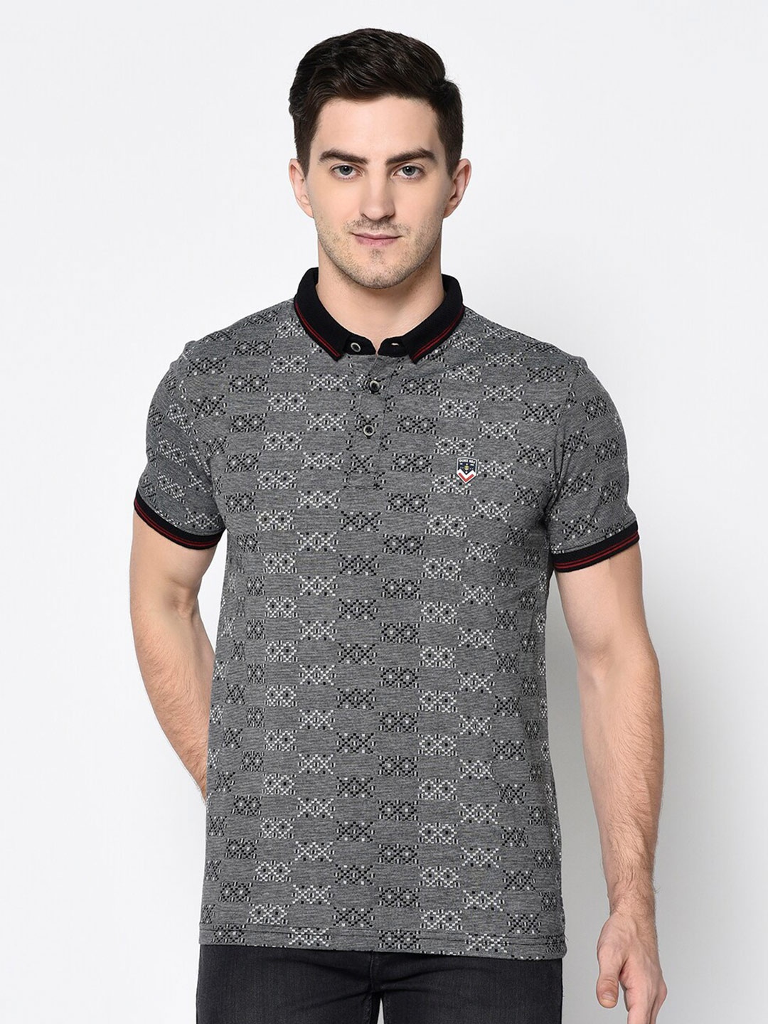 

Duke Men Black & Grey Printed Polo Collar Slim Fit T-shirt