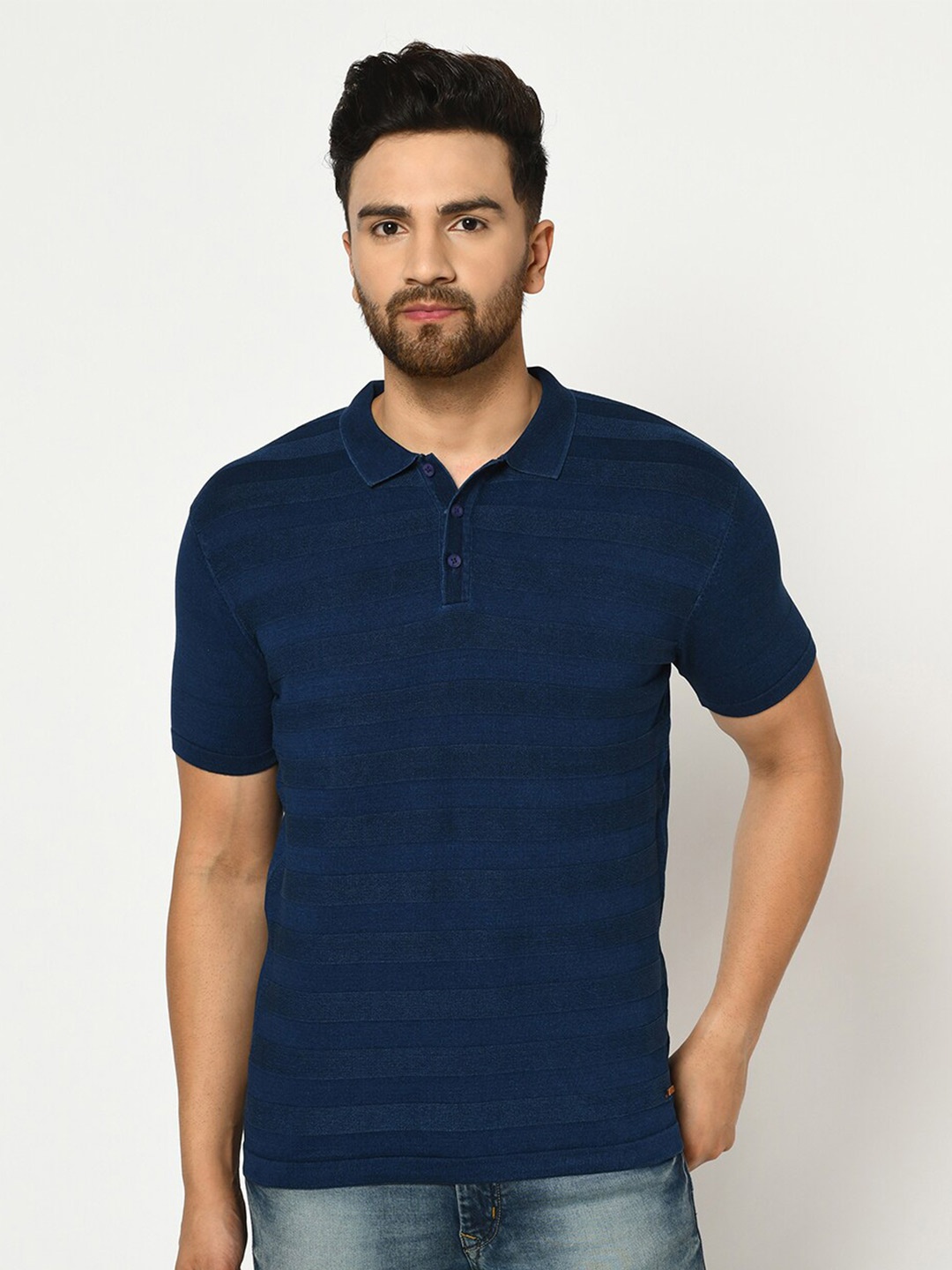 

Duke Men Navy Blue Polo Collar Slim Fit T-shirt