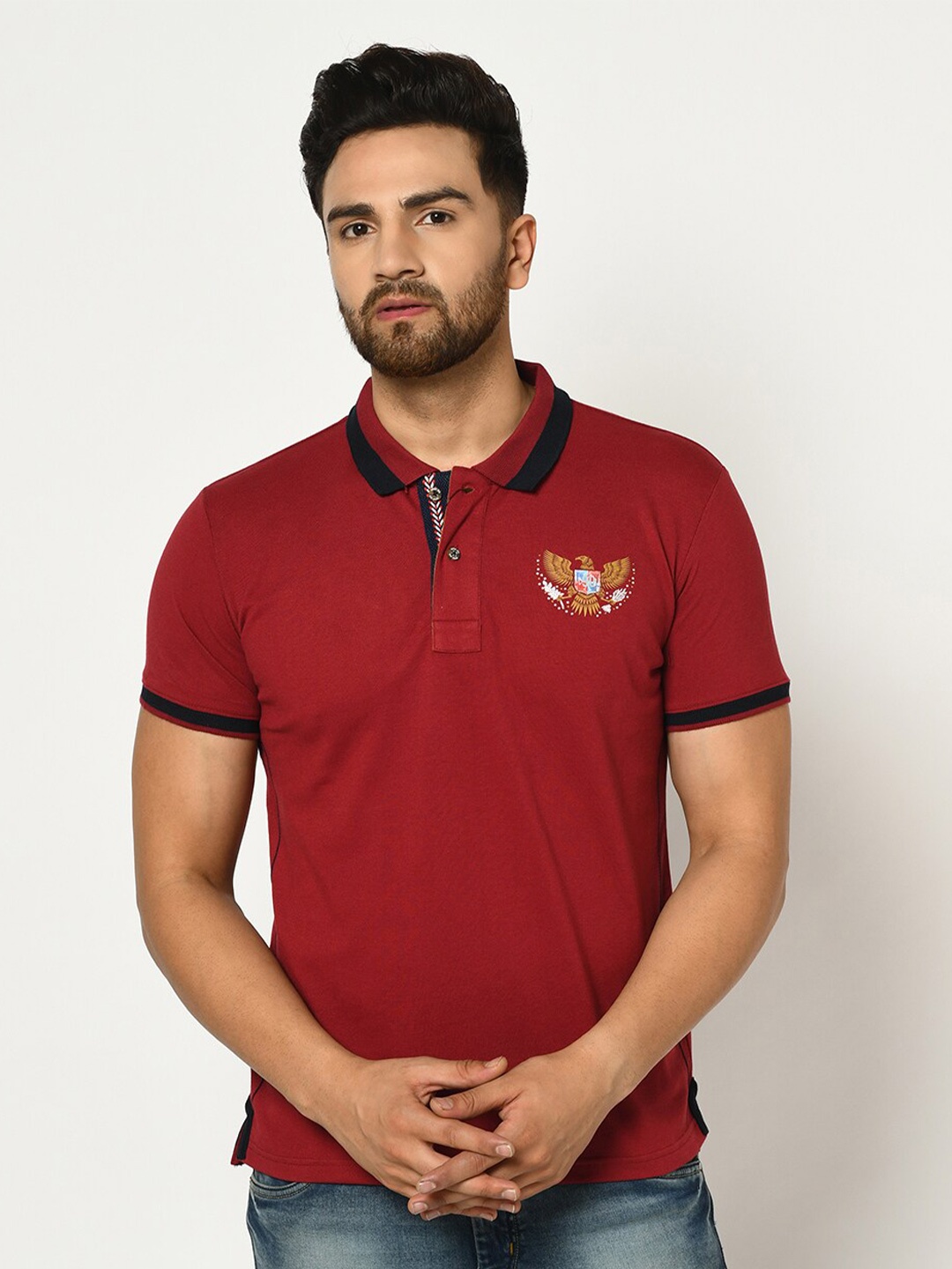 

Duke Men Red Polo Collar Slim Fit Cotton T-shirt