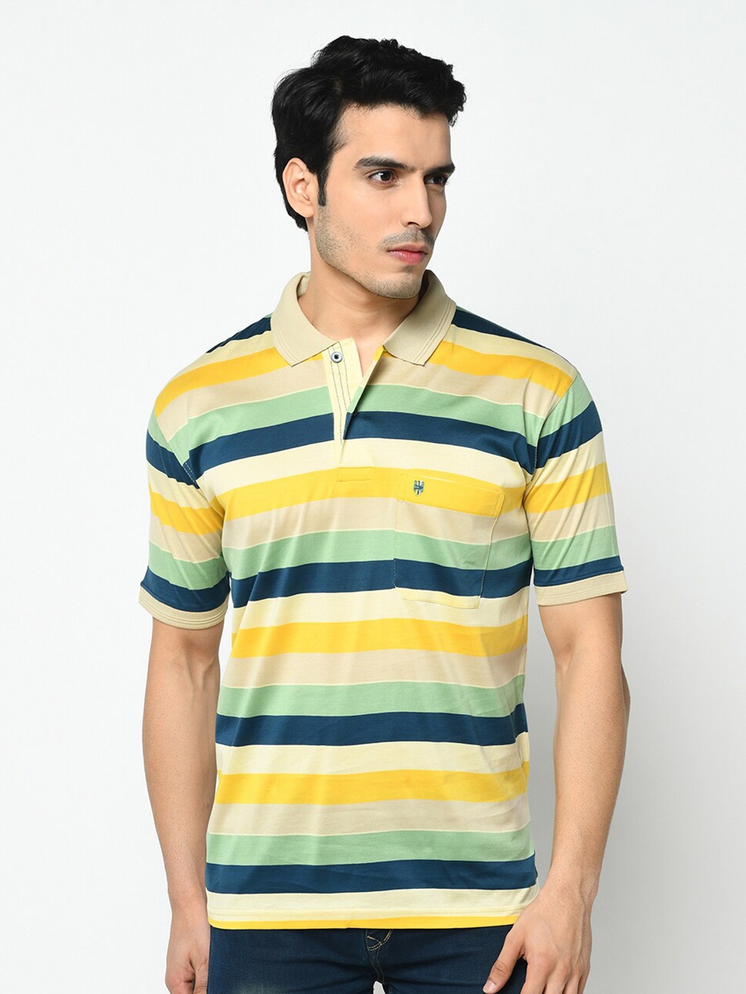 

Duke Men Multicoloured Striped Polo Collar Slim Fit Cotton T-shirt, Multi