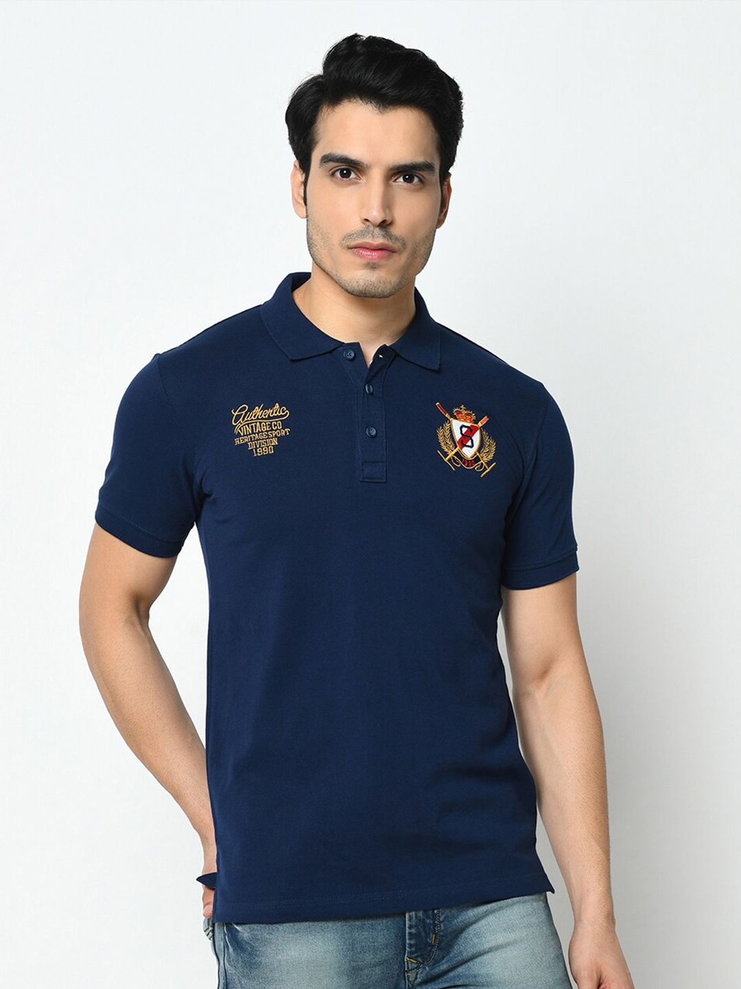 

Duke Men Navy Blue Polo Collar Slim Fit Cotton T-shirt