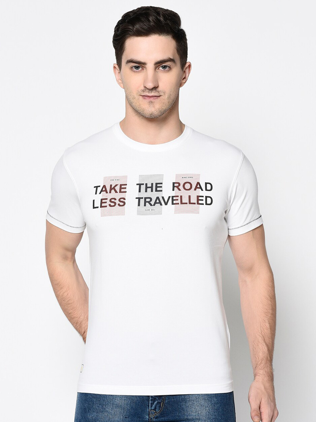 

Duke Men White & Black Typography Printed Slim Fit Cotton T-shirt