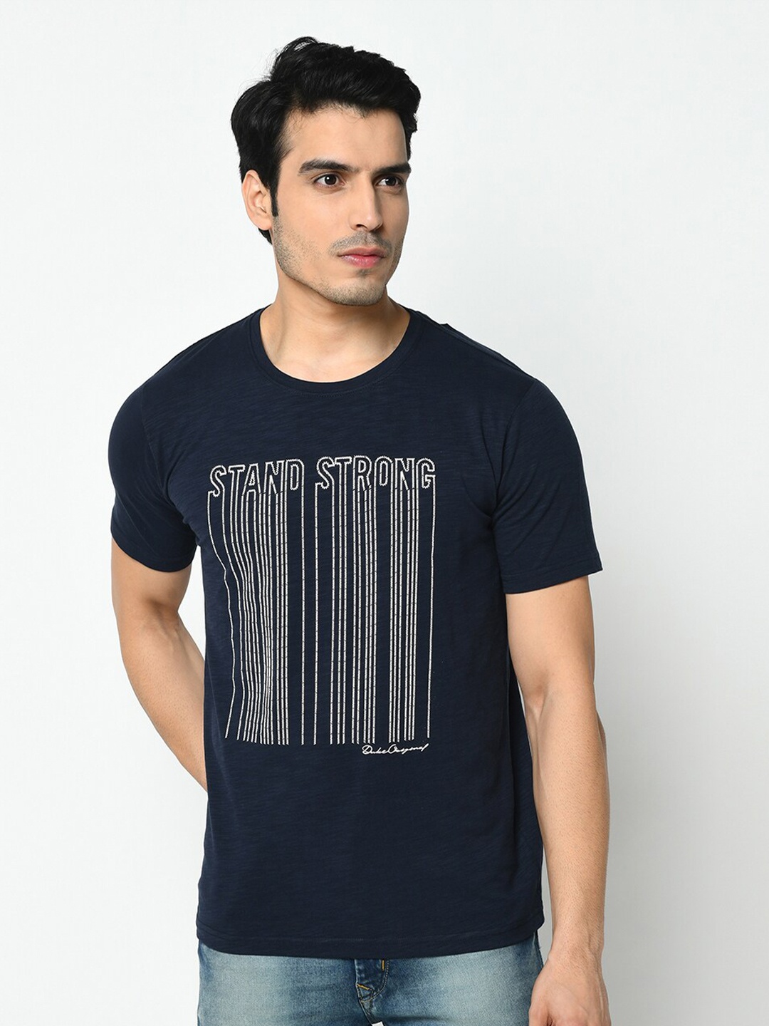 

Duke Men Navy Blue Printed Slim Fit Cotton T-shirt
