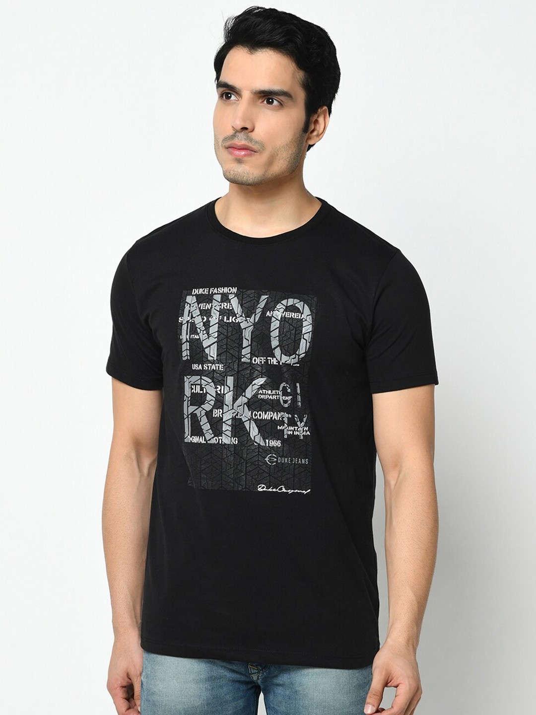 

Duke Men Black & White Typography Printed Slim Fit Cotton T-shirt