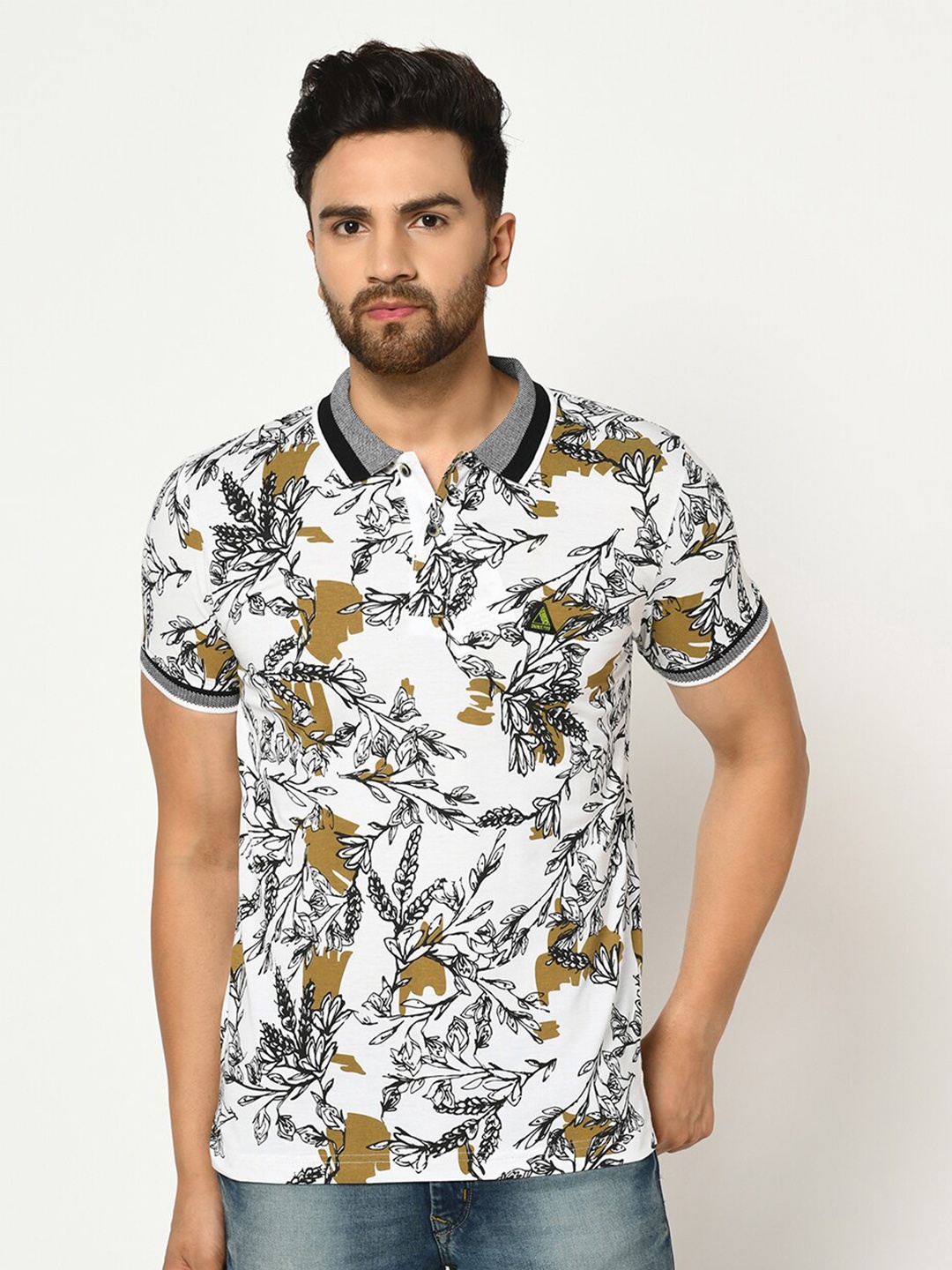 

Duke Men White & Black Floral Printed Polo Collar Slim Fit Cotton T-shirt