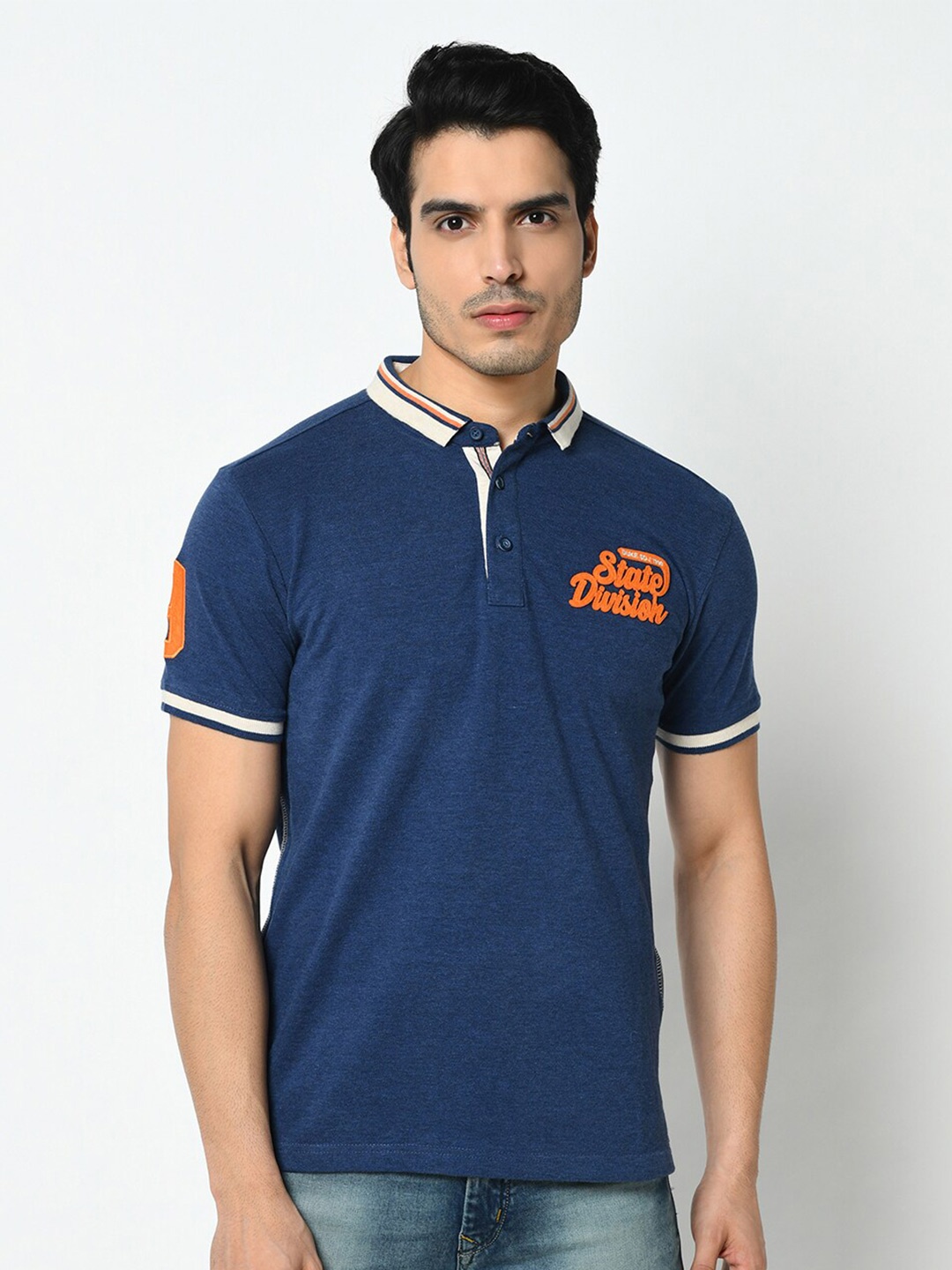 

Duke Men Navy Blue Mandarin Collar Applique Slim Fit Cotton T-shirt