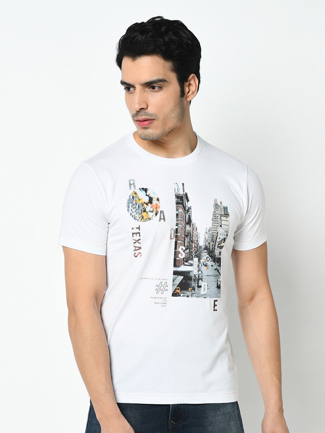 

Duke Men White Typography Printed Slim Fit T-shirt