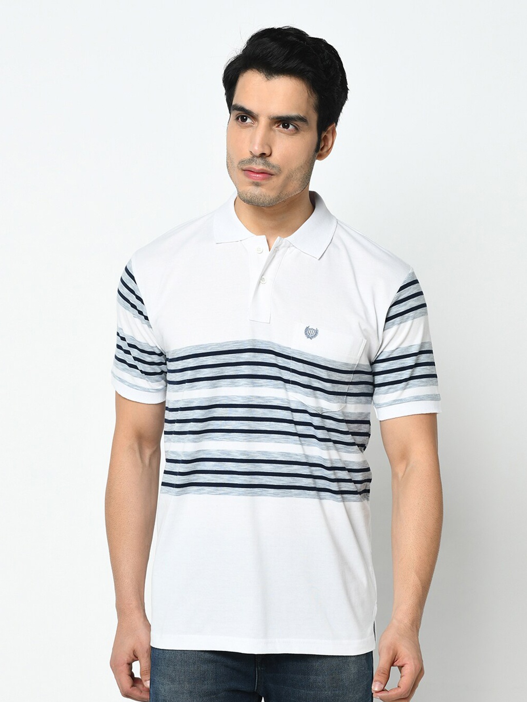 

Duke Men White Striped Polo Collar T-shirt