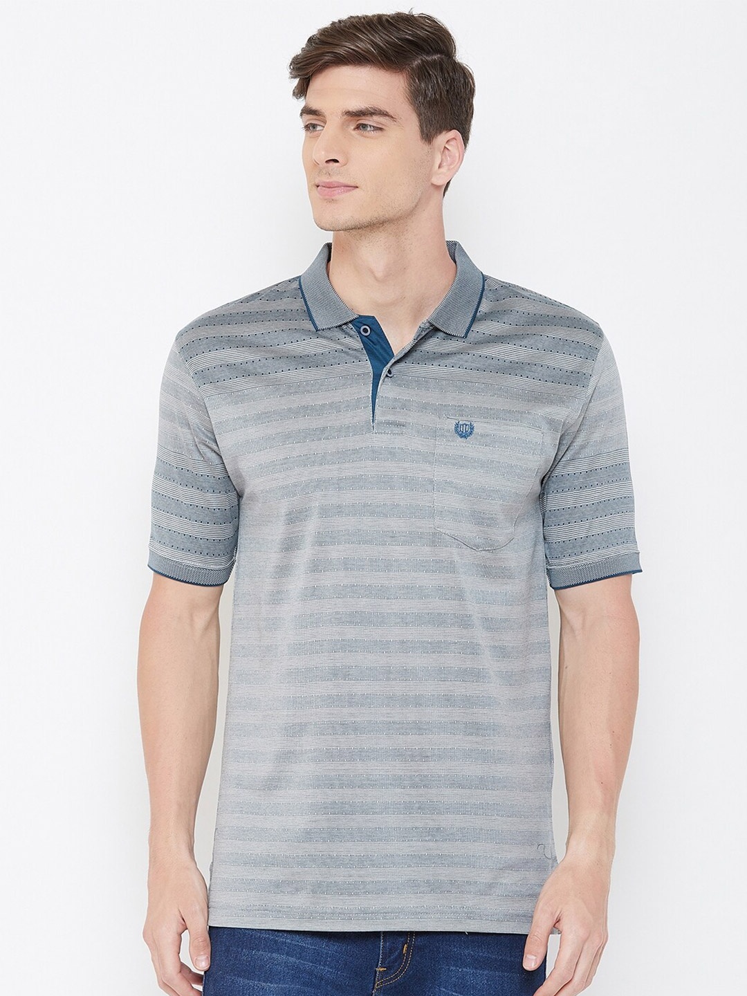 

Duke Men Navy Blue Striped Polo Collar T-shirt