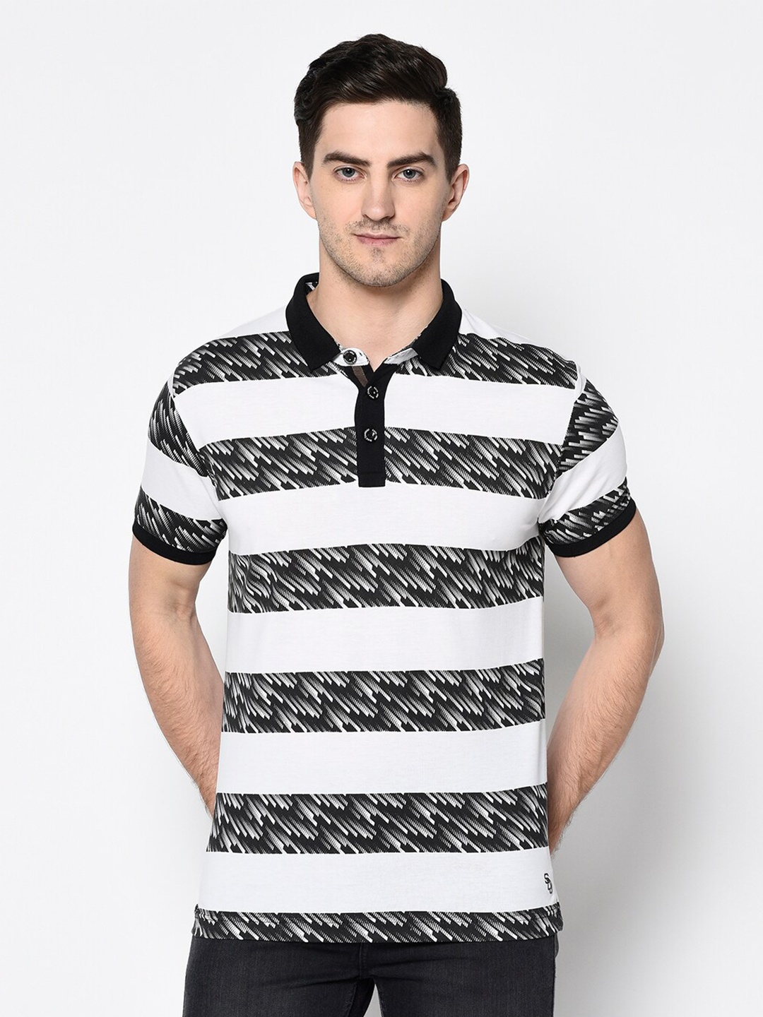 

Duke Men White & Black Striped Polo Collar Slim Fit Cotton T-shirt