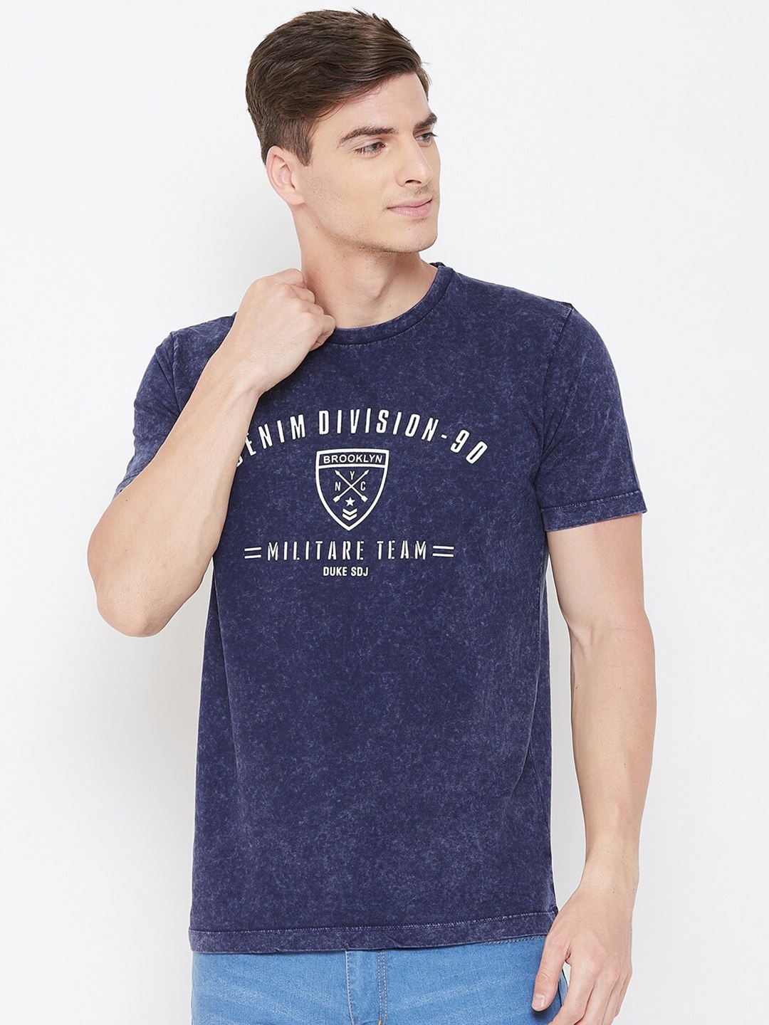 

Duke Men Navy Blue & White Typography Printed Slim Fit Cotton T-shirt