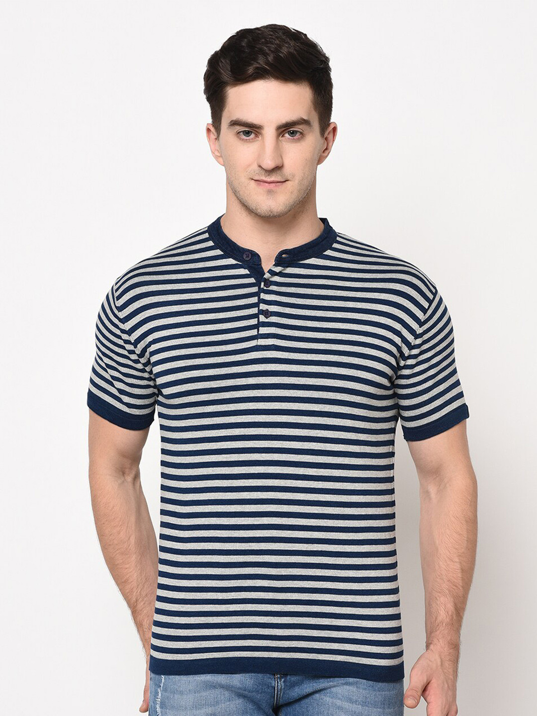 

Duke Men Grey Striped Henley Neck Slim Fit Cotton T-shirt