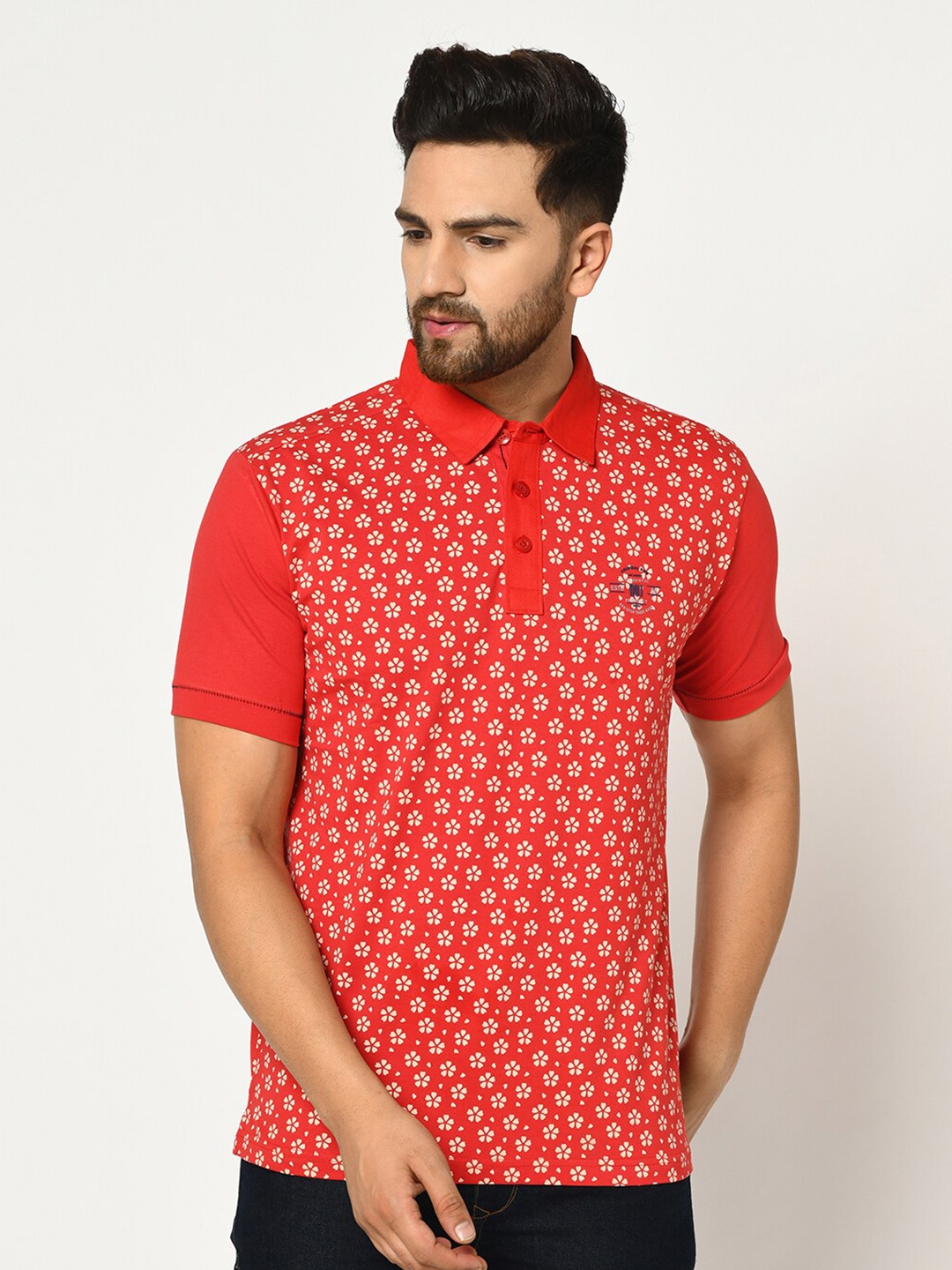 

Duke Men Red & Beige Printed Polo Collar Slim Fit Cotton T-shirt