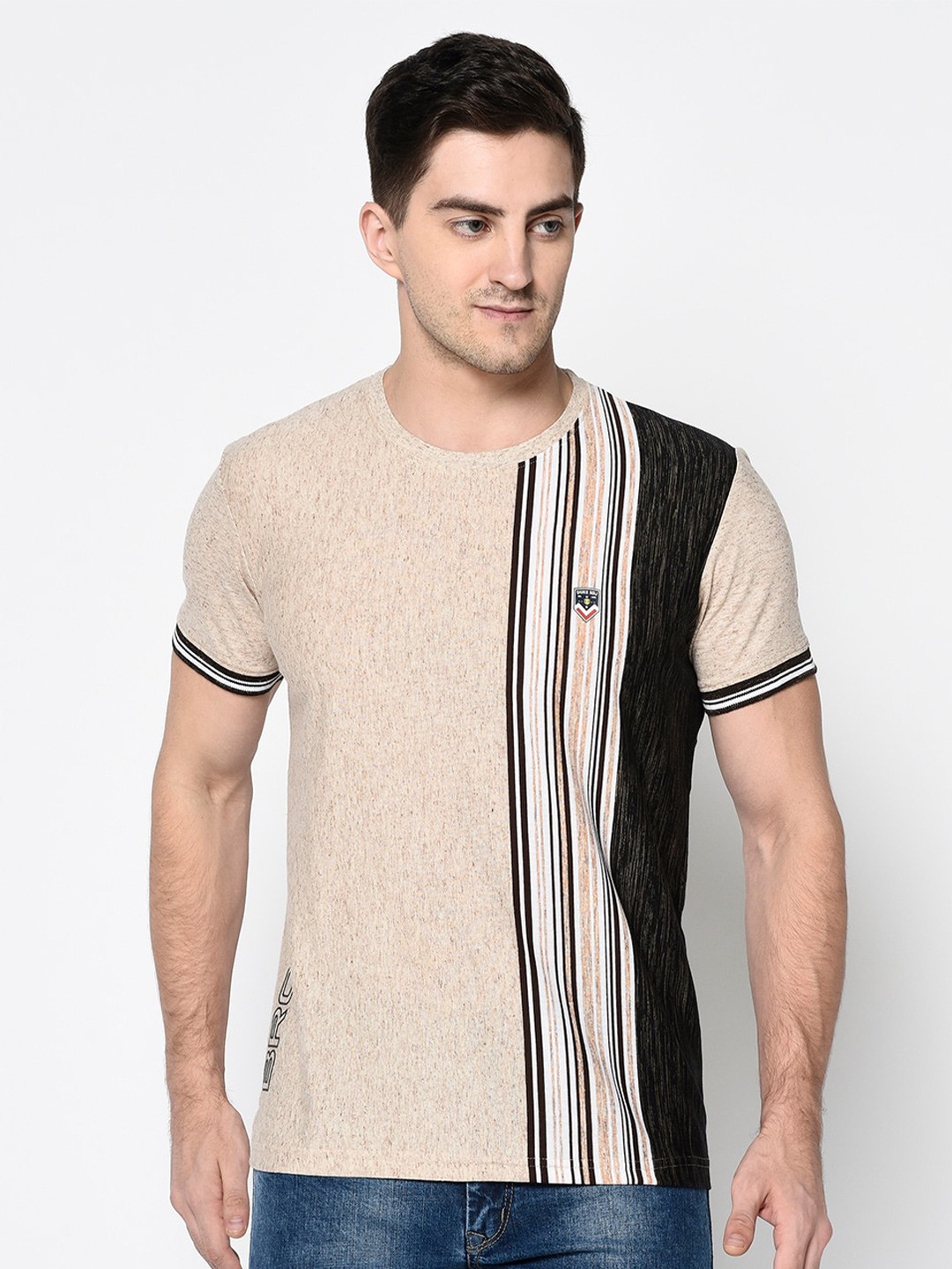 

Duke Men Beige Striped Slim Fit T-shirt