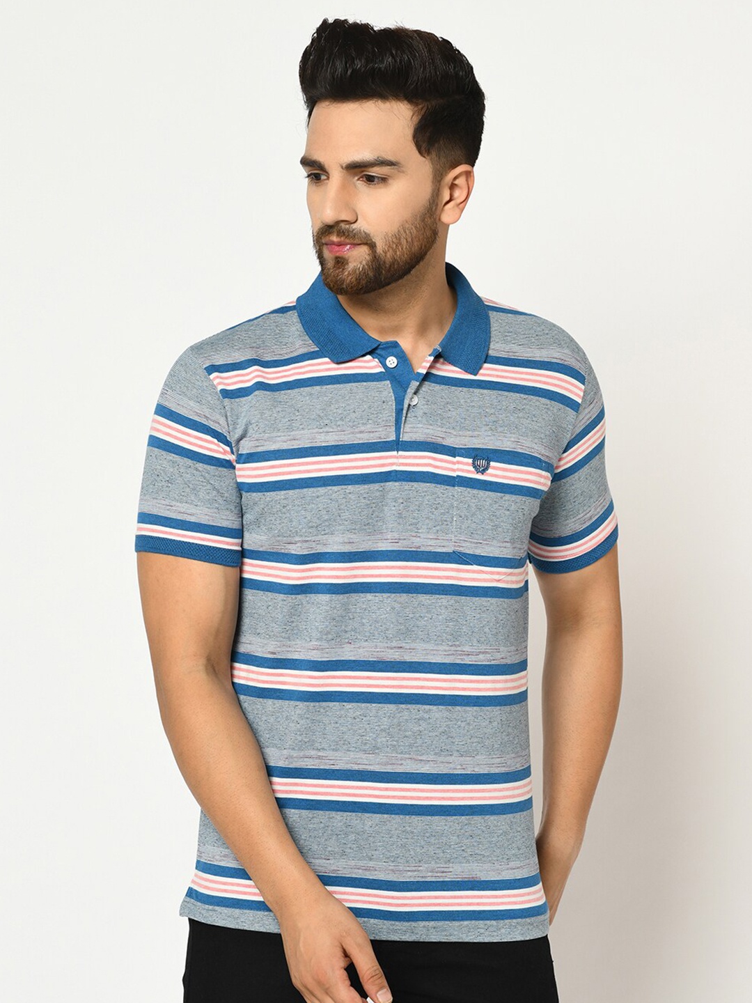 

Duke Men Blue & White Striped Polo Collar Cotton T-shirt