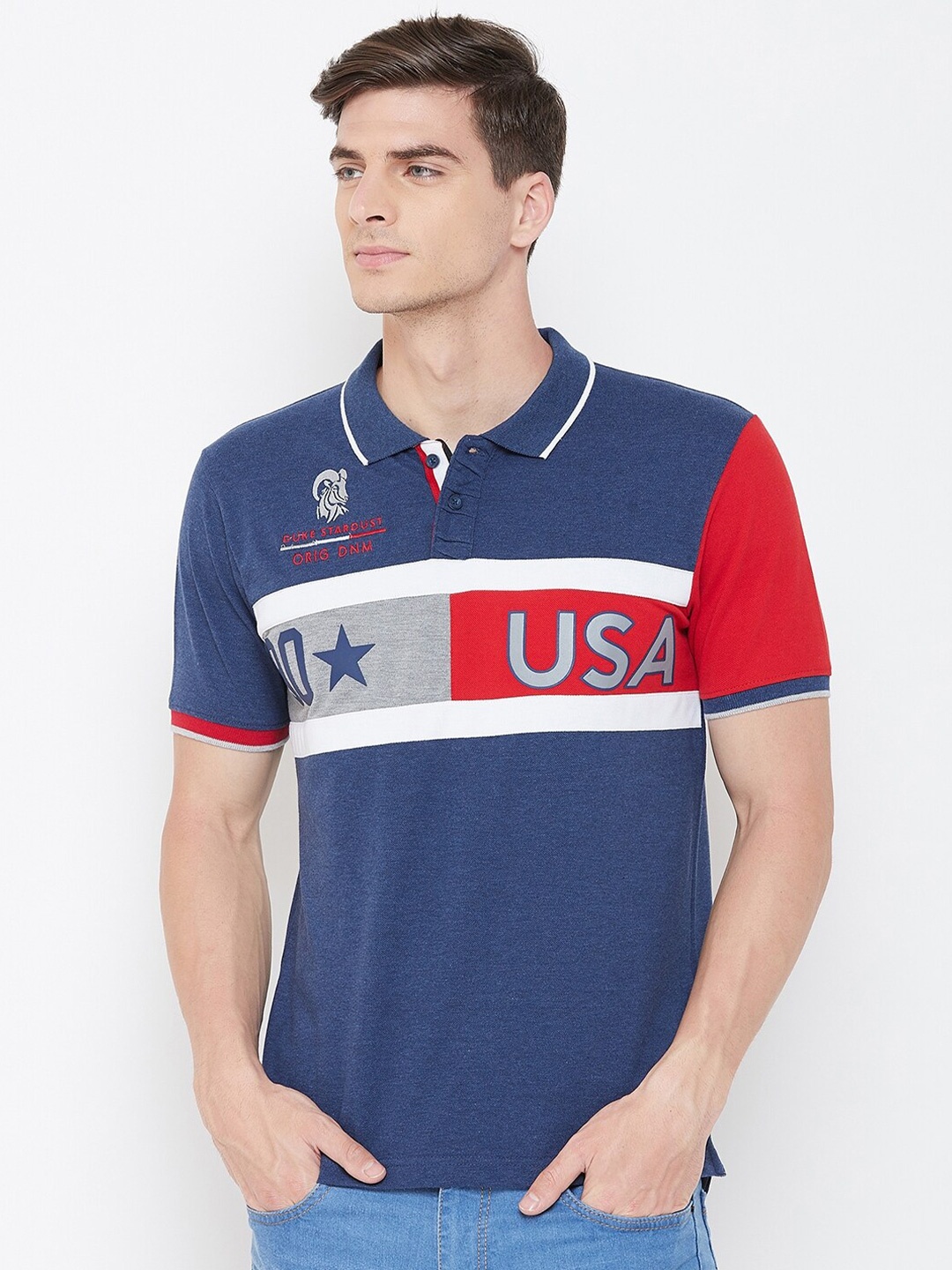 

Duke Men Navy Blue & Red Typography Printed Polo Collar Slim Fit Cotton T-shirt