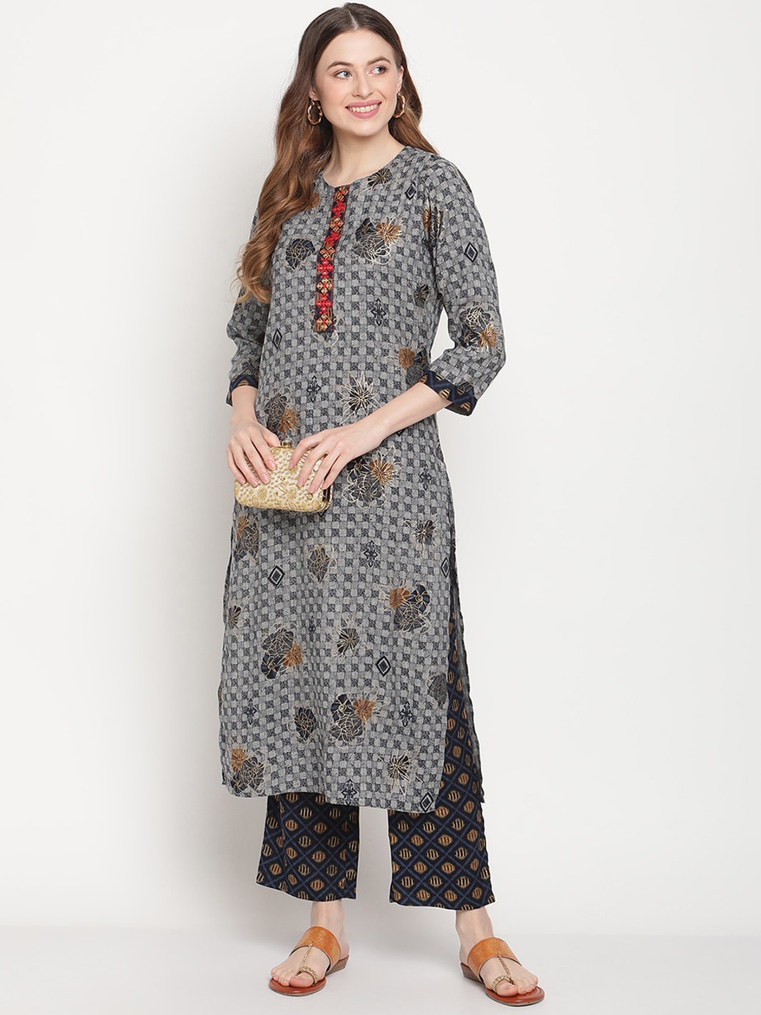 

Be Indi Women Floral Printed Straight Kurta Set with Palazzo, Navy blue