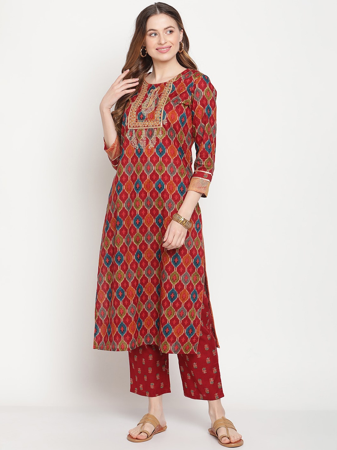 

Be Indi Women Geometric Printed Straight Kurta with Trousers, Maroon