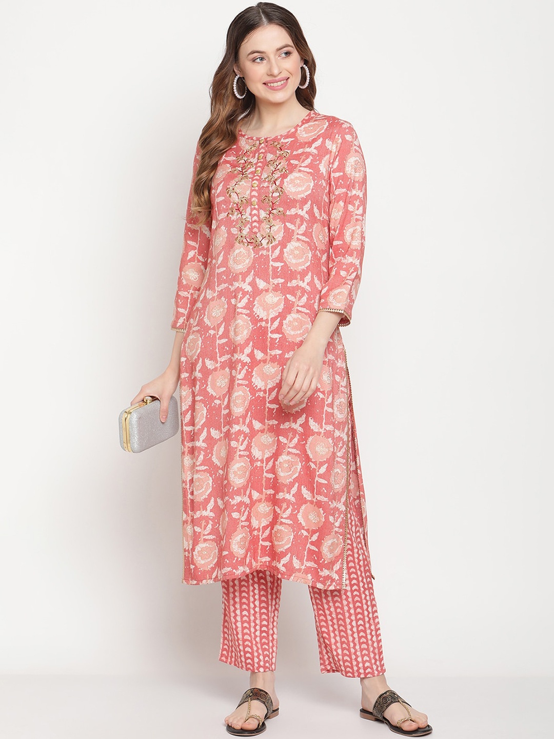 

Be Indi Women Floral Printed Straight Kurta with Trousers Set, Peach