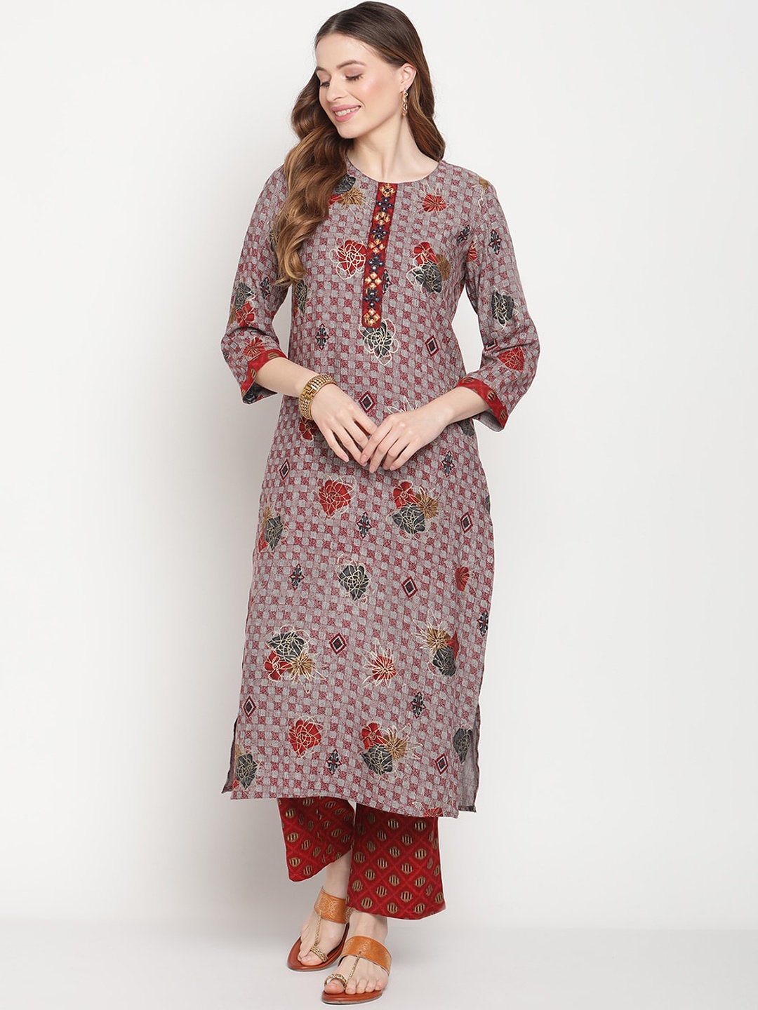 

Be Indi Women Floral Printed Straight Kurta Set with Palazzo, Red