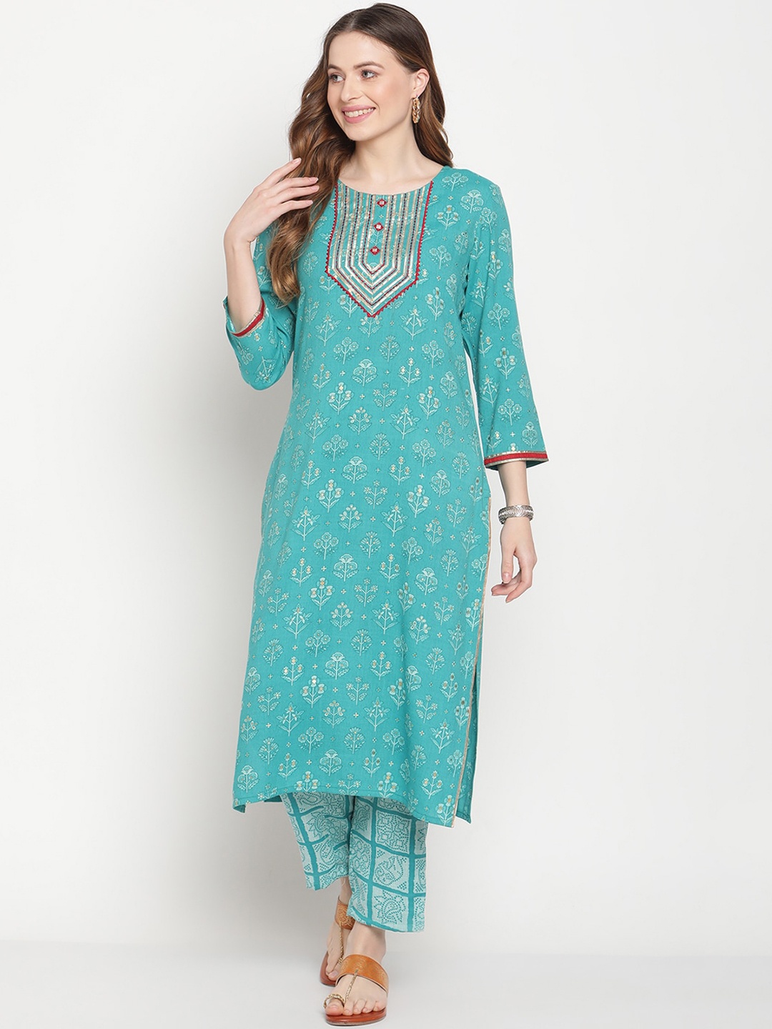 

Be Indi Women Ethnic Motifs Printed A-Line Kurta with Trousers Set, Turquoise blue