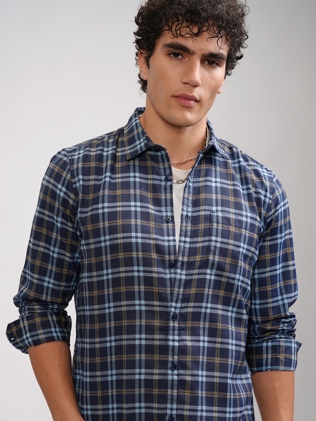 

KETCH Men Navy Blue Slim Fit Tartan Checks Checked Casual Shirt