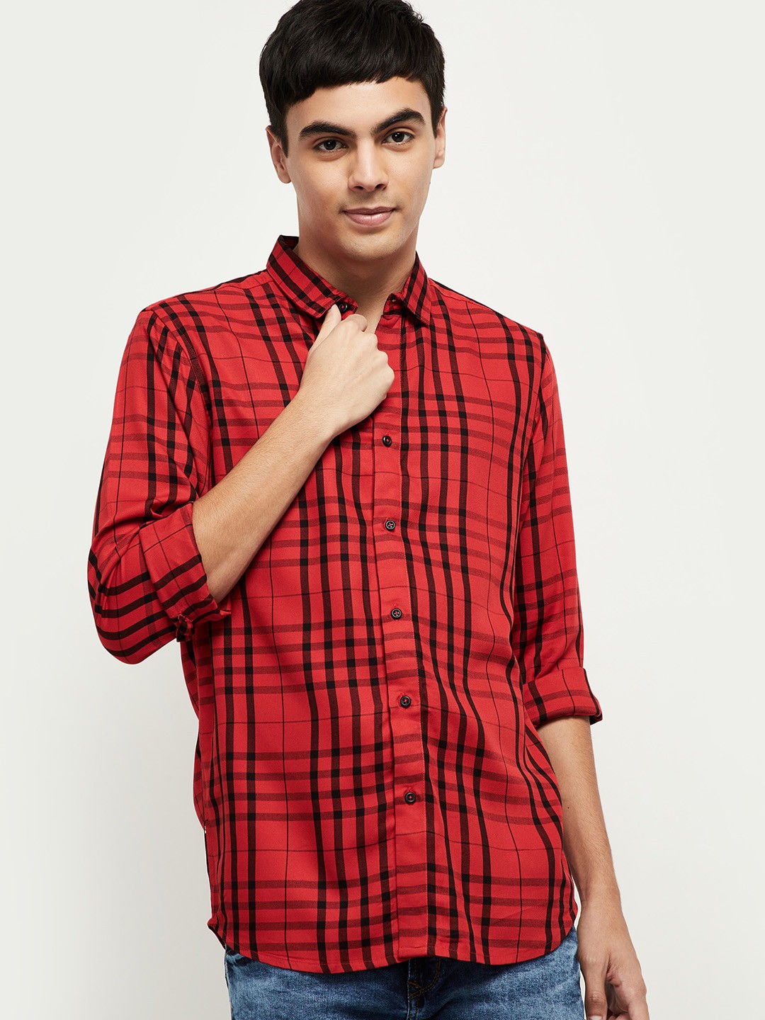 

max Men Red Tartan Checks Checked Casual Shirt