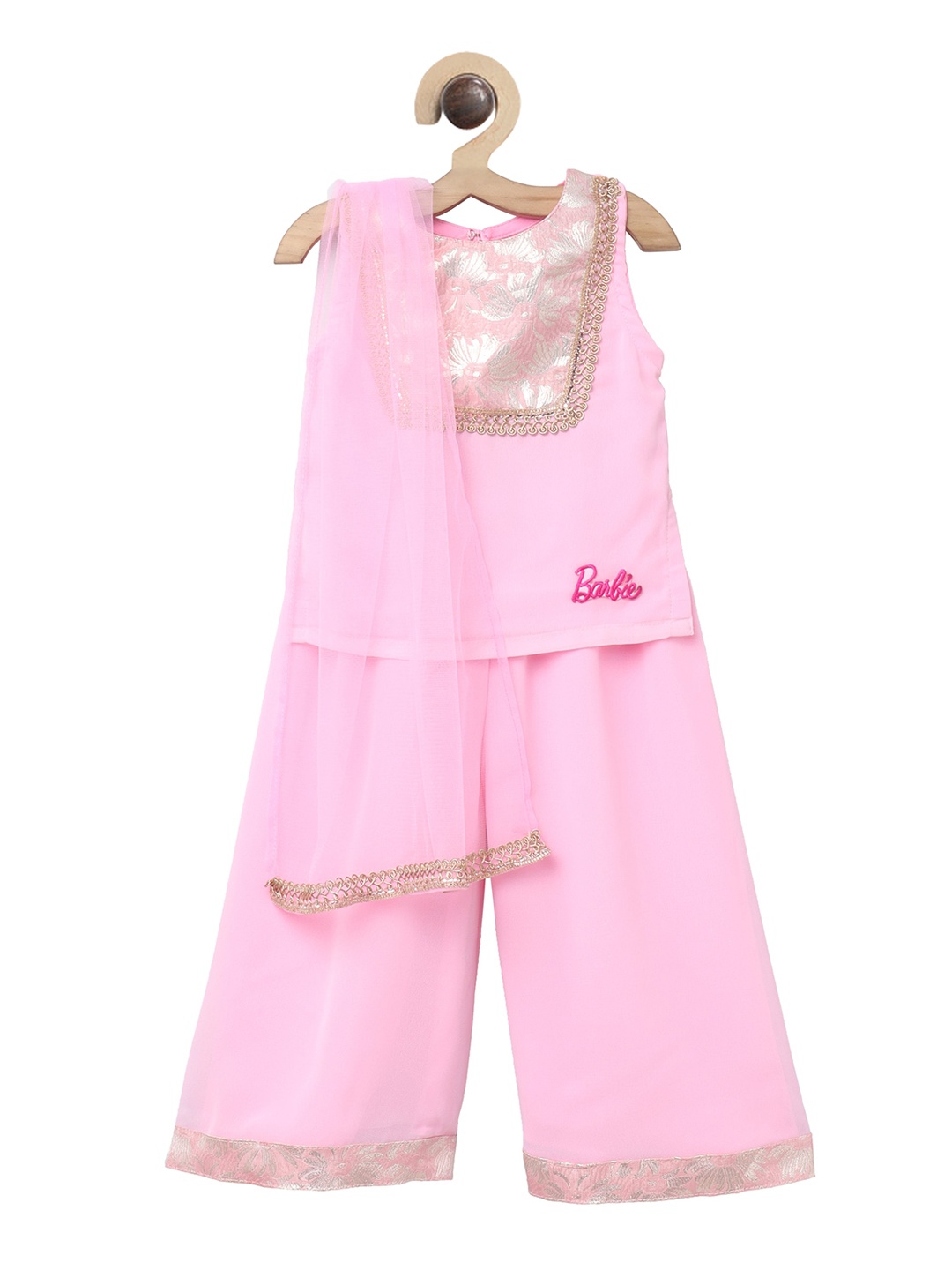 

Barbie by Many Frocks & Girls Pink Embroidered Kurti with Skirt & With Dupatta