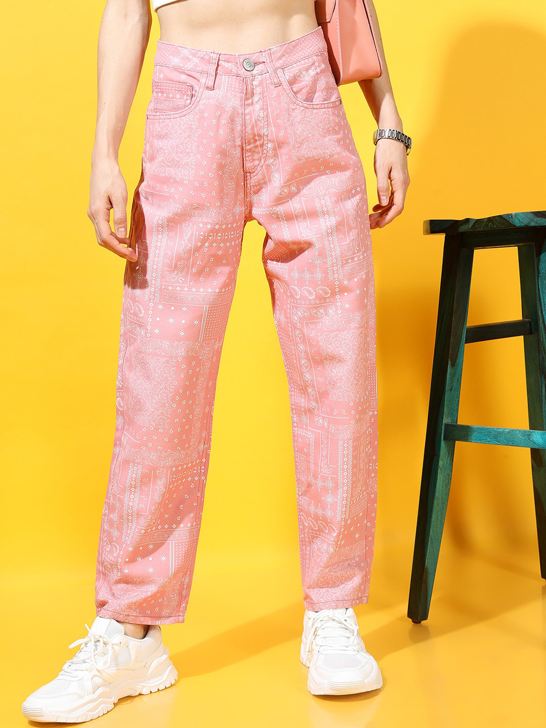 

Tokyo Talkies Women Coral Wide Leg Printed Jeans