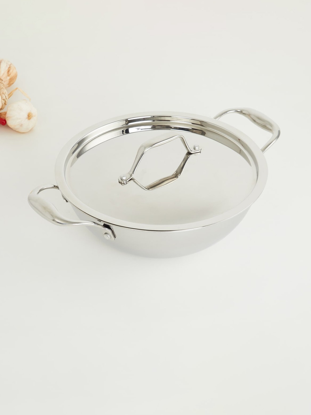 

Home Centre Silver-Toned Solid Stainless Steel Kadhai With Lid
