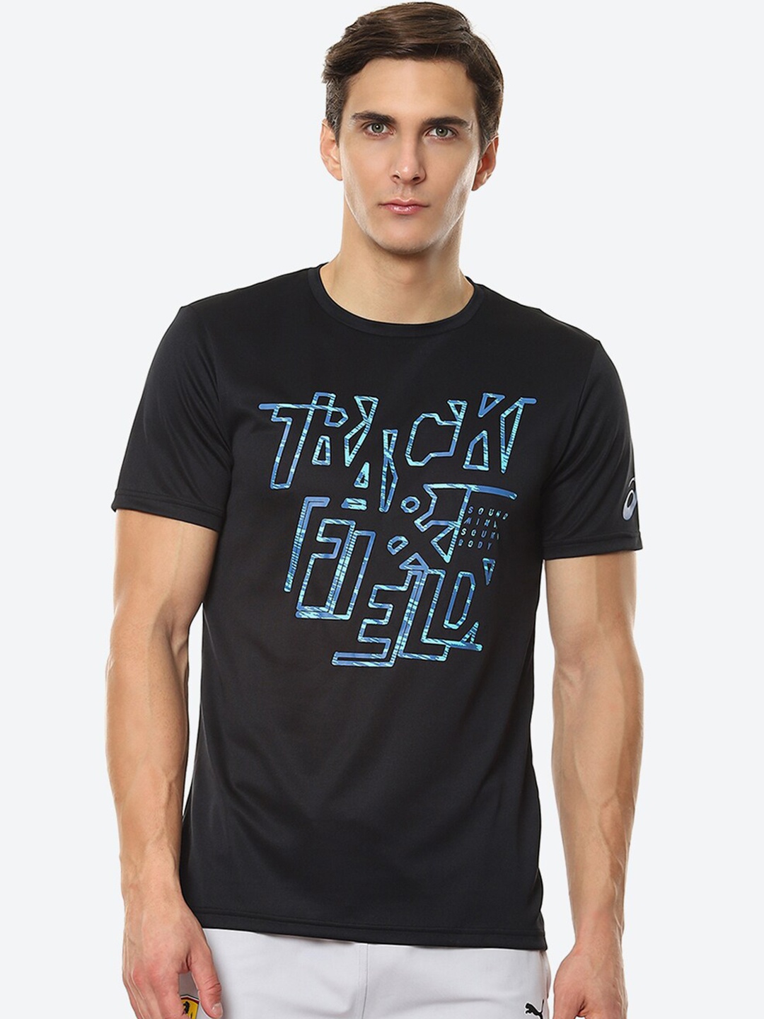 

ASICS Men Black Typography Printed Track SS Training T-shirt