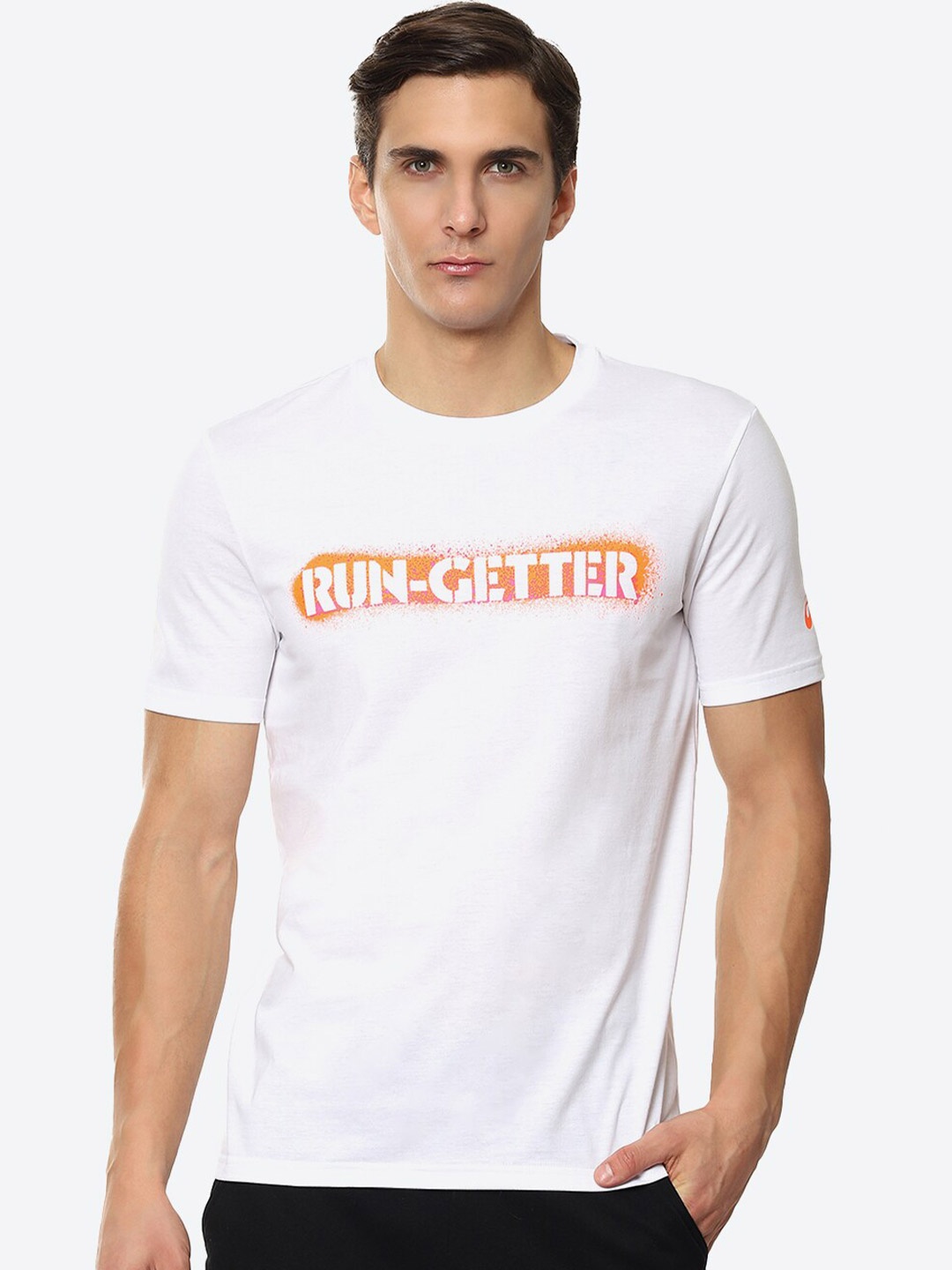 

ASICS Men White & Orange Typography Training or Gym T-shirt M Heritage Font Gpaphic 4