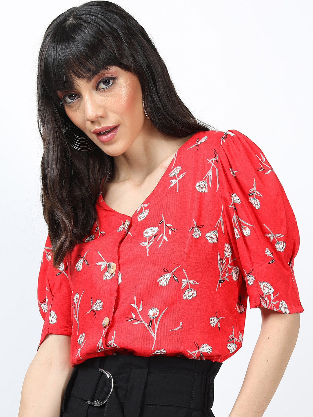 

Tokyo Talkies Women Red Floral Printed Shirt Style Top