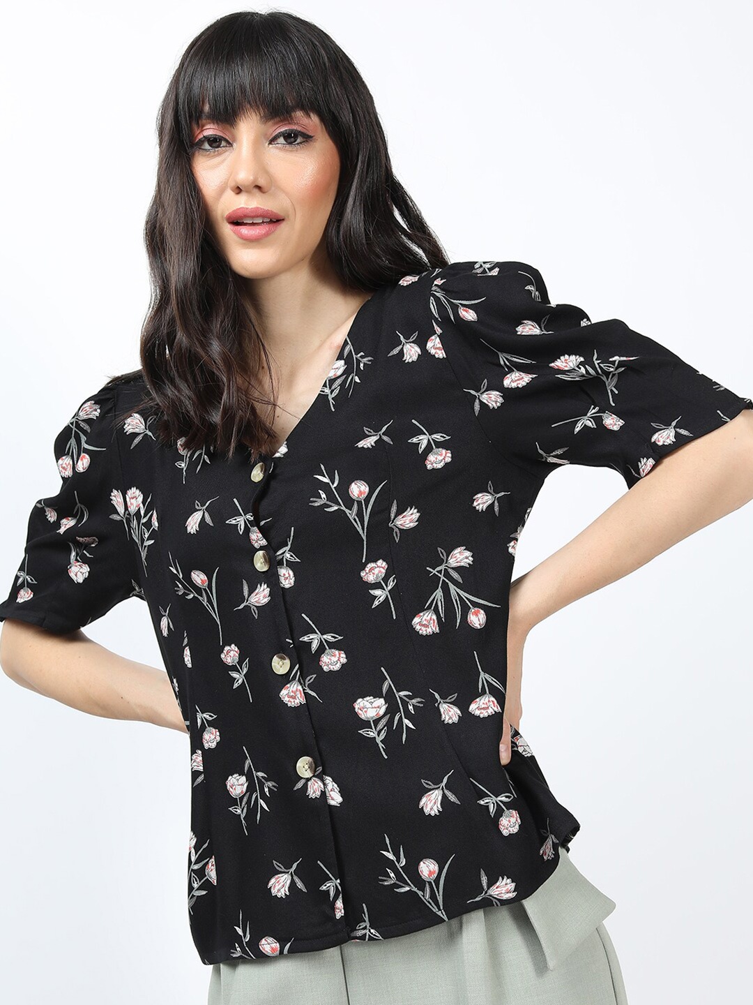 

Tokyo Talkies Black & White Floral Print Pure Cotton Top