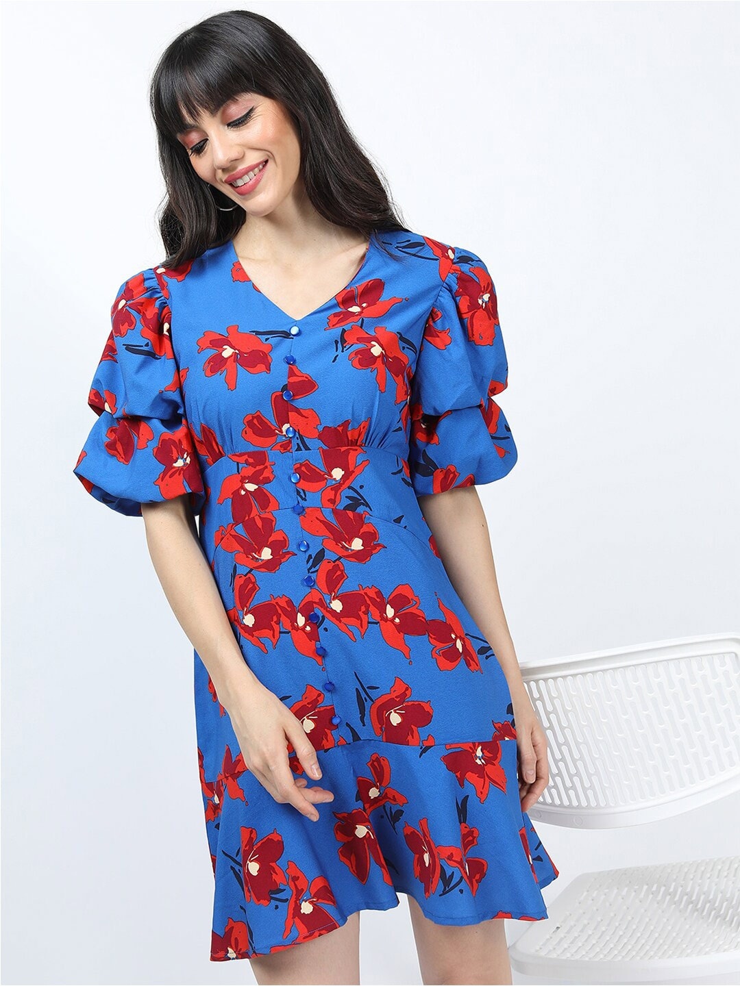 Tokyo Talkies Blue Floral Crepe A-Line Dress