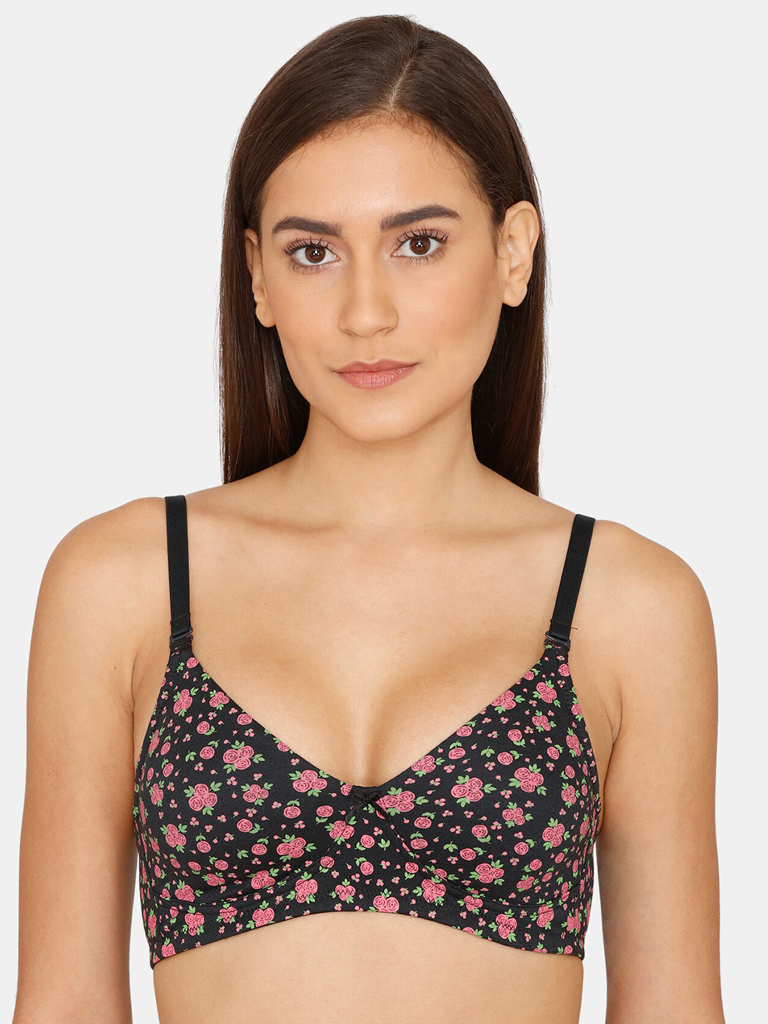 

Rosaline by Zivame Black & Pink Floral Printed Non-Padded T-Shirt Bra