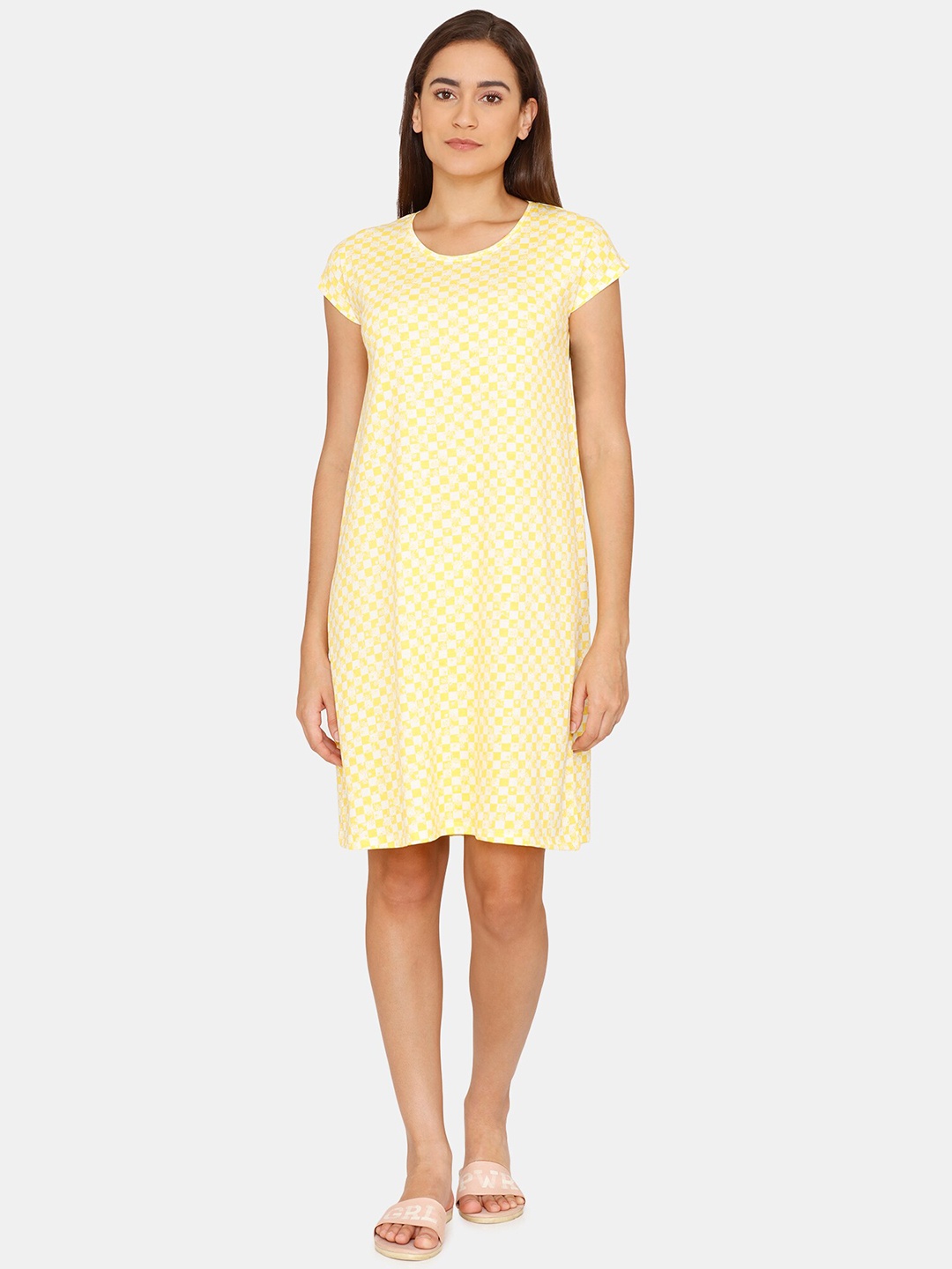 

Rosaline by Zivame Yellow Checked T-shirt Nightdress