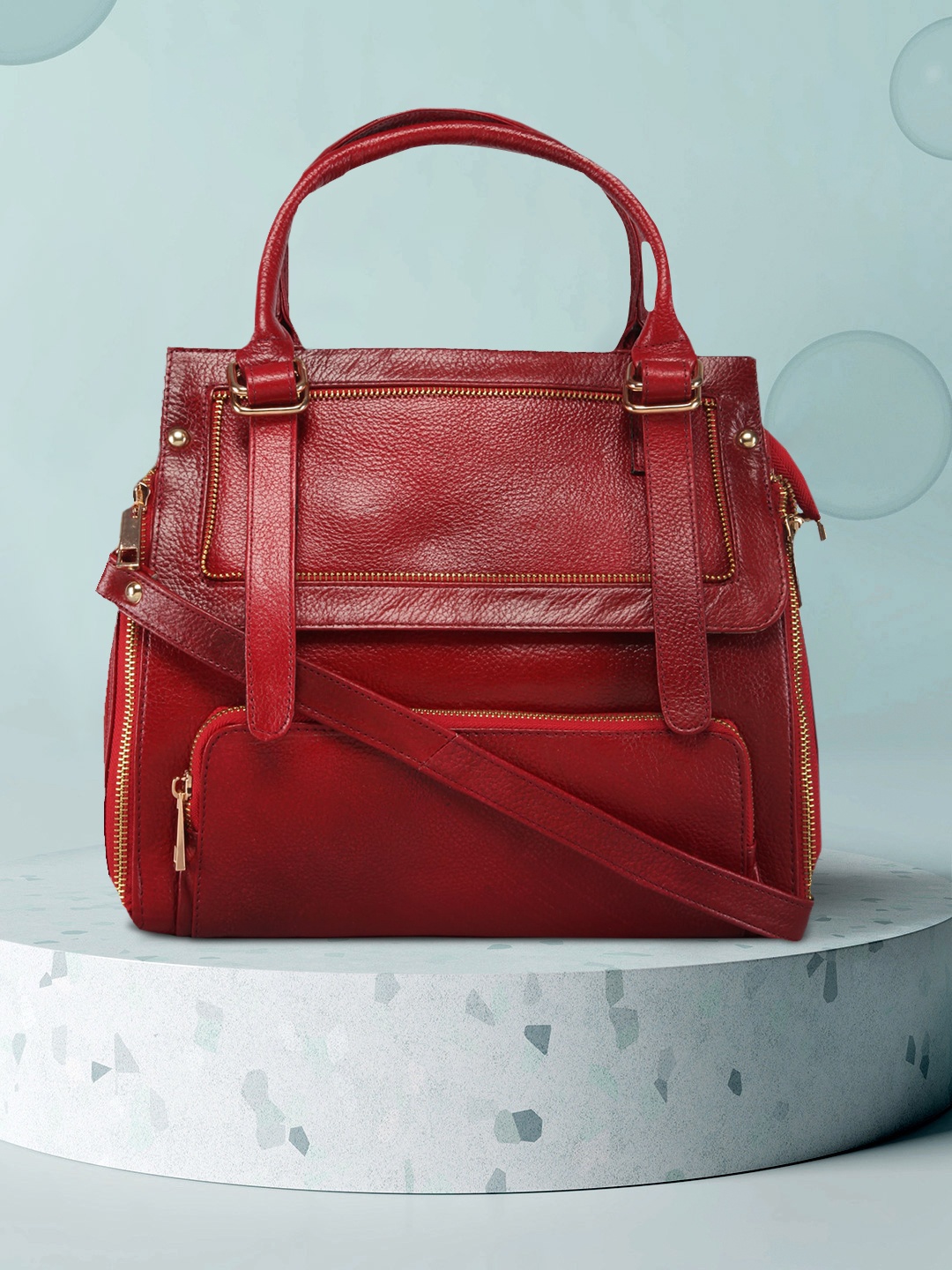 

GENWAYNE Maroon Leather Structured Handheld Bag