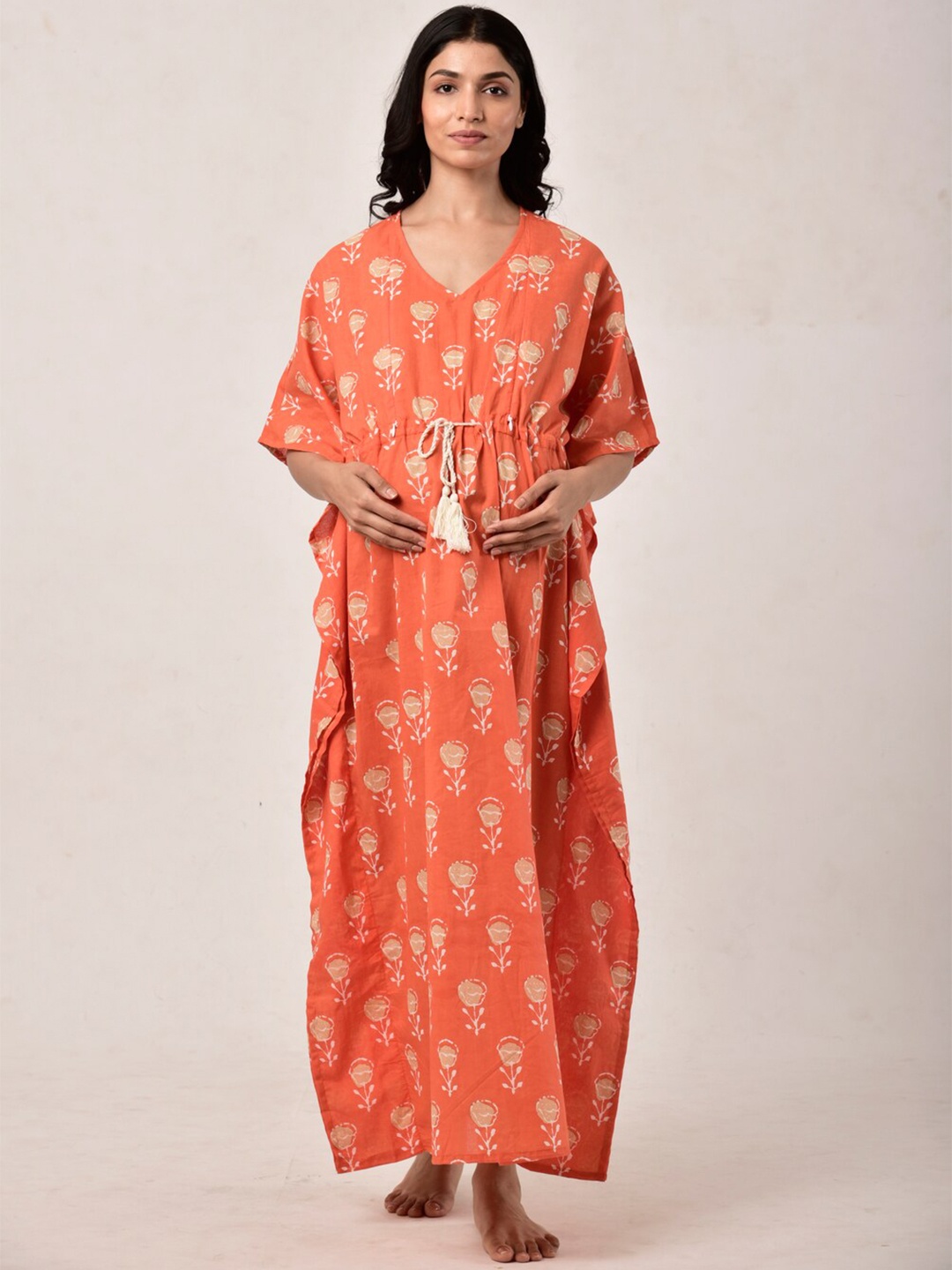 

Ikk Kudi by Seerat Orange Printed Pure Cotton Maternity & Nursing Kaftan Maxi Nightdress