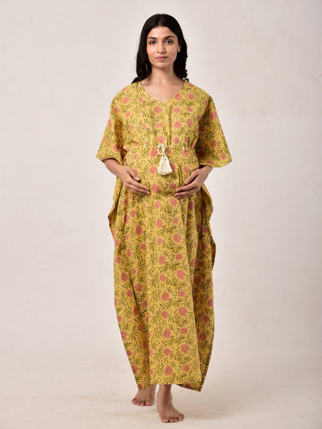 

Ikk Kudi by Seerat Printed Pure Cotton Maternity & Nursing Kaftan Maxi Nightdress, Mustard